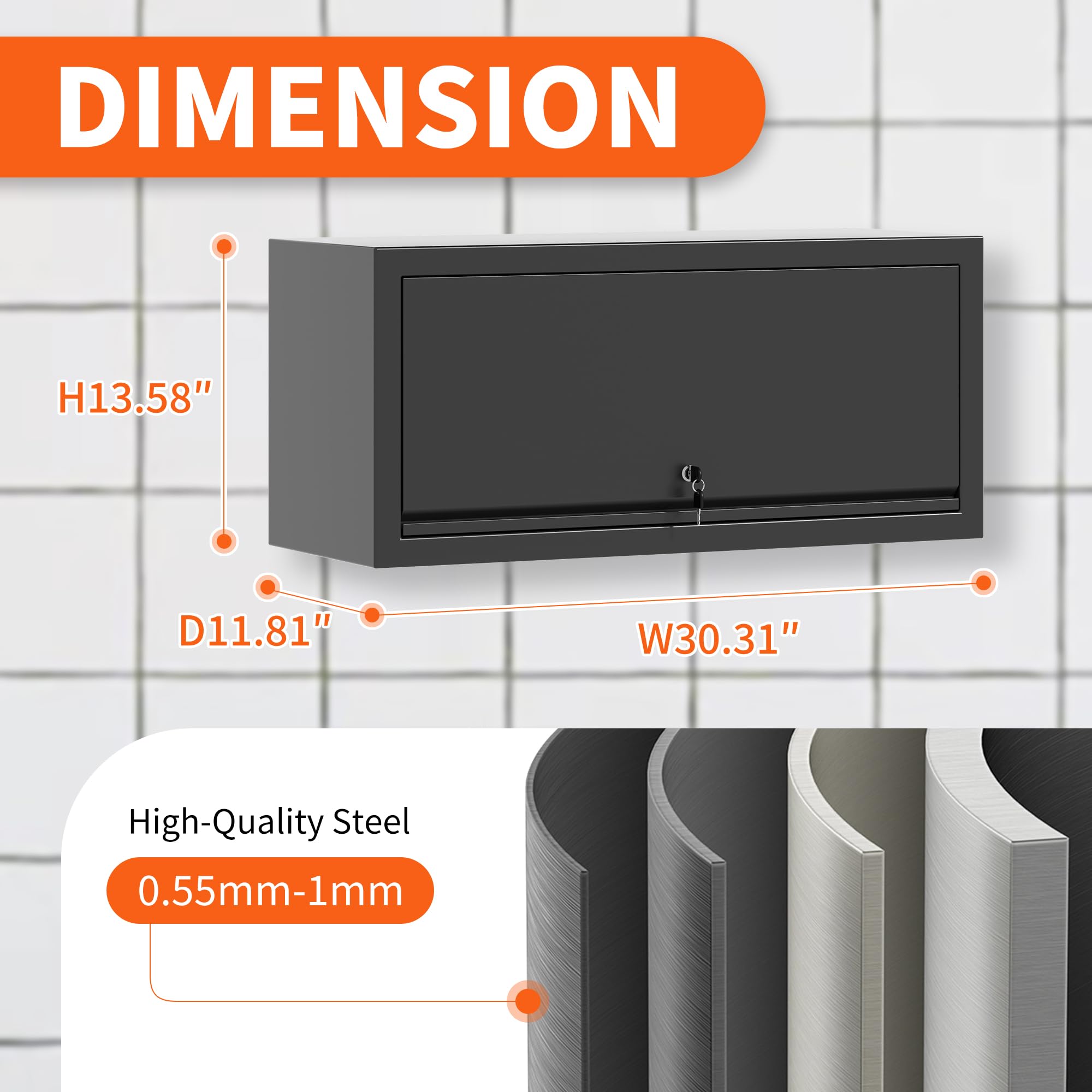 Black Metal Wall Cabinet with Up-Flip Door - Garage & Kitchen Storage Cabinet, Wall-Mounted Organizer for Home, Office, Warehouse (Perfect for Tools, Spices & Supplies)