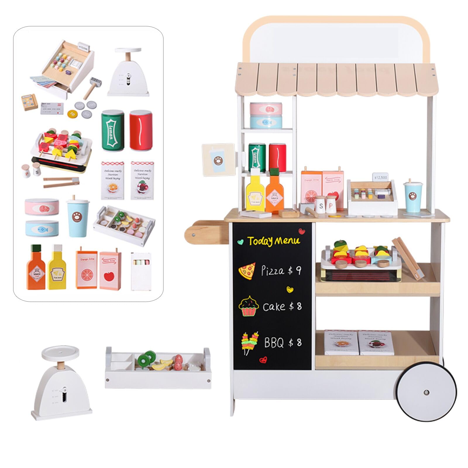 Wooden Pretend Play Food Cart Toy Set for Kids - Supermarket & Grocery Store Playset with Grill, Chalkboard & Cash Register - Educational Role Play Toy for Boys & Girls Ages 3+ - Perfect for Birthday Gifts & Indoor Pretend Play Activities