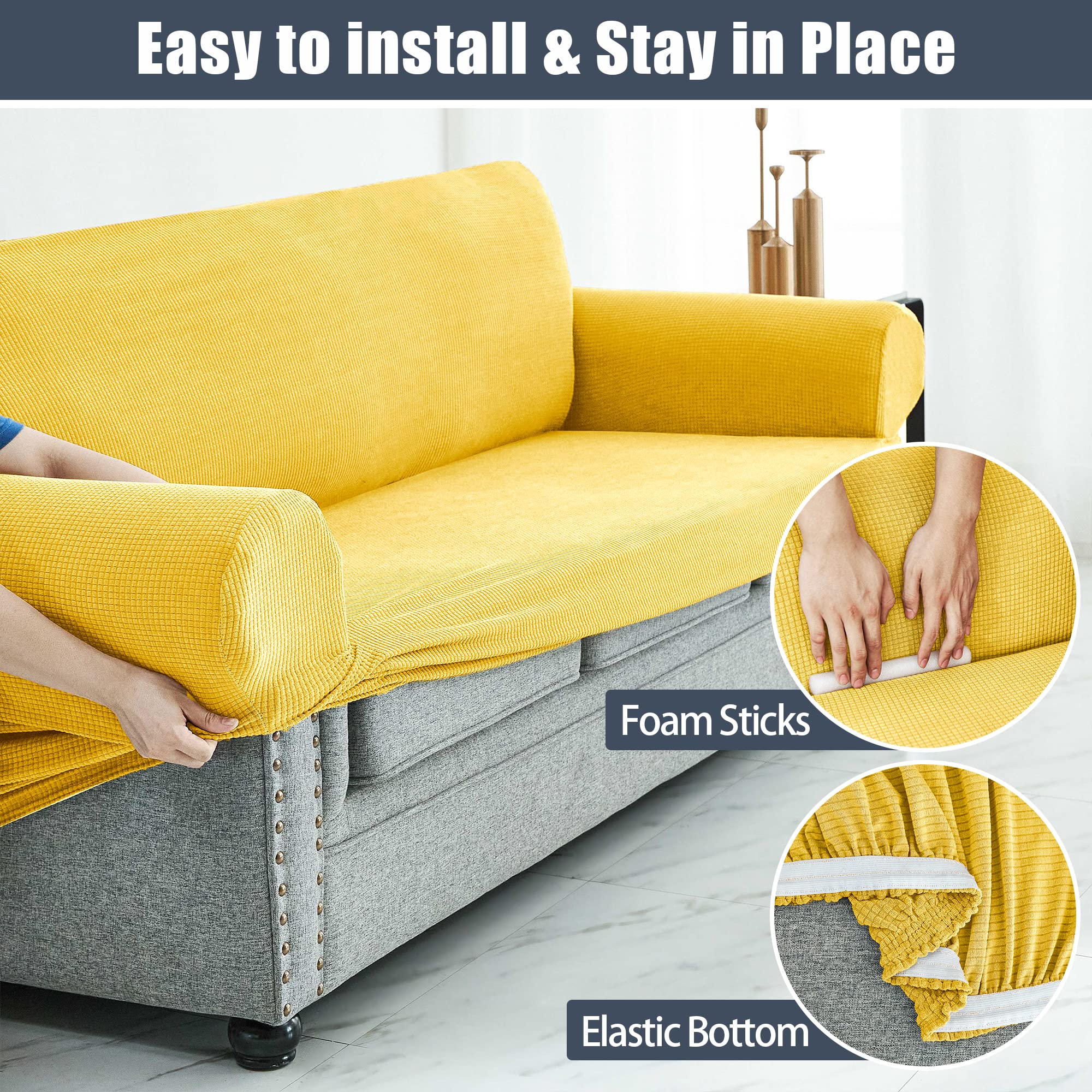 Stretch Sofa Slipcover - Waterproof Couch Cover with Elastic Bottom, Soft Furniture Protector for Kids & Pets (Yellow, Medium) - Perfect for Living Room, Family Room & Pet-Friendly Homes