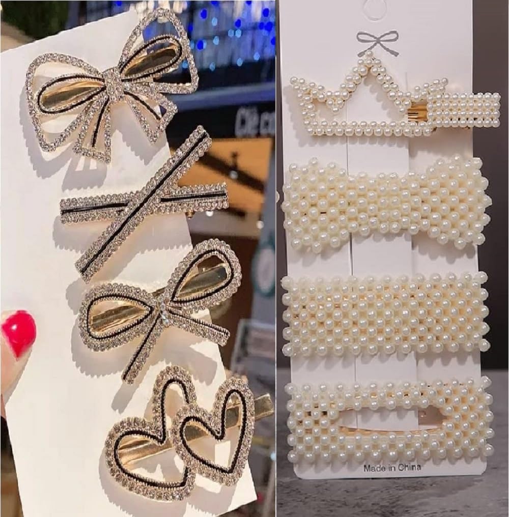 GIRLISH Metal Hair Clips for Women - 9PCS Geometric Pearl Barrettes for Girls, Party & Daily Use