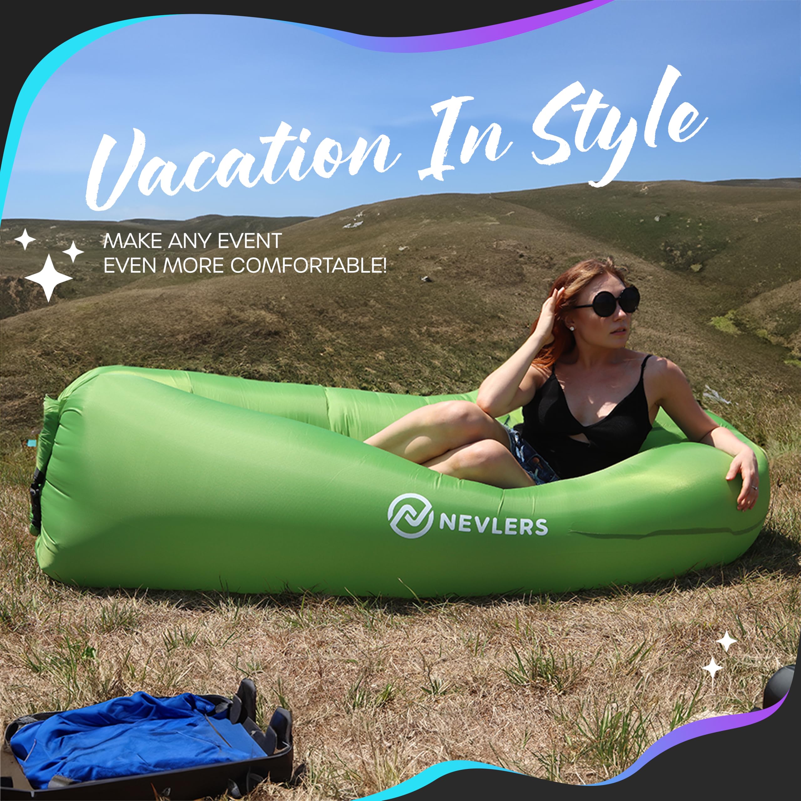 Nevlers Inflatable Lounger - 210T Polyester Portable Air Sofa Bed with 450 lbs Capacity, No Pump Needed, Built-in Pockets & Carry Bag - Perfect for Camping, Beach, Poolside, Indoor & Outdoor Use for Adults and Kids
