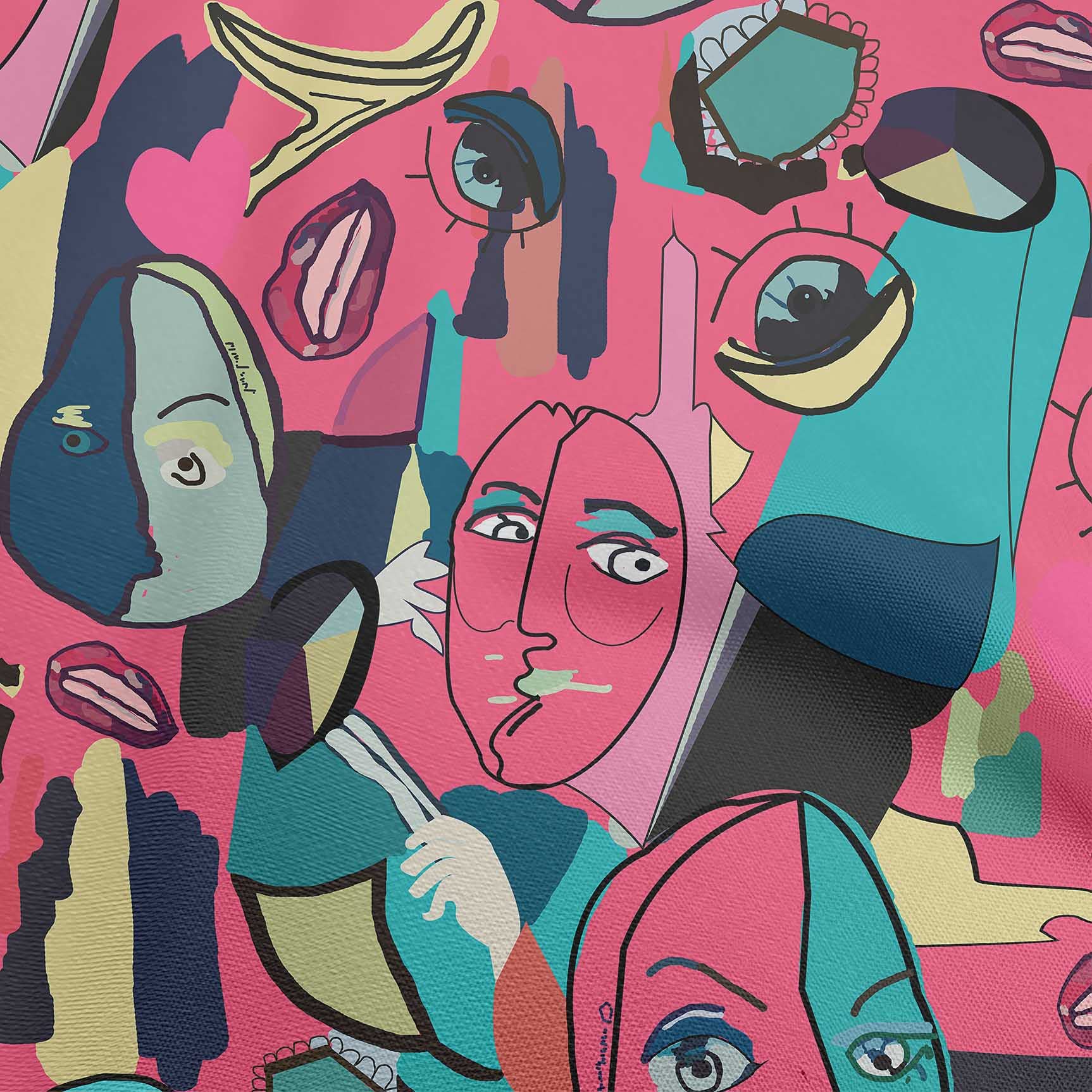 oneOone Cotton Flex Pink Abstract Comic Face Print Fabric by The Yard - 40 Inch Wide Soft Dress Material for DIY Fashion, Quilting & Home Decor Projects