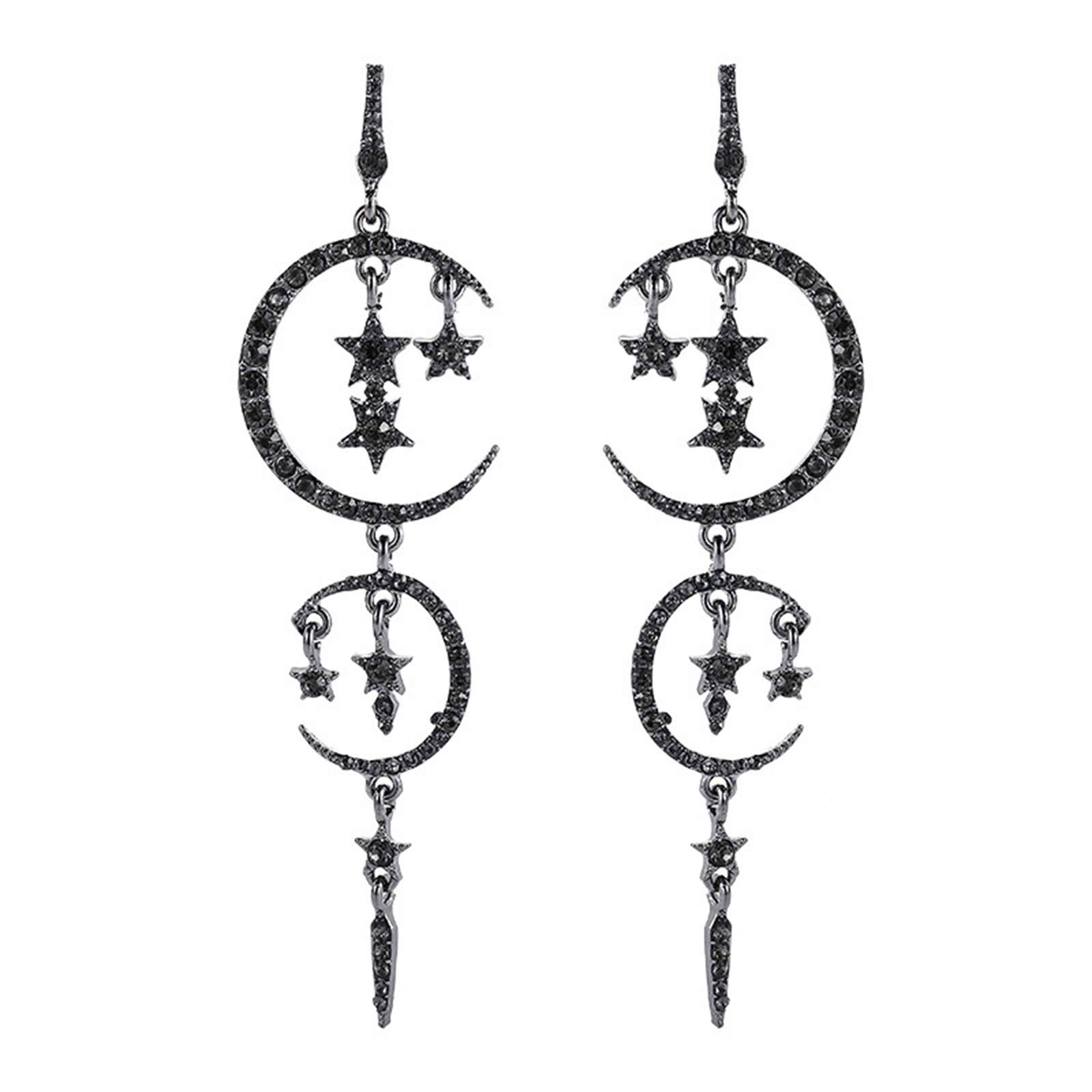 Moon and Star Drop Earrings for Women - Exaggerated Fashion Long Dangle Stud Earrings in Black | Perfect for Parties, Date Nights & Boho Style Outfits