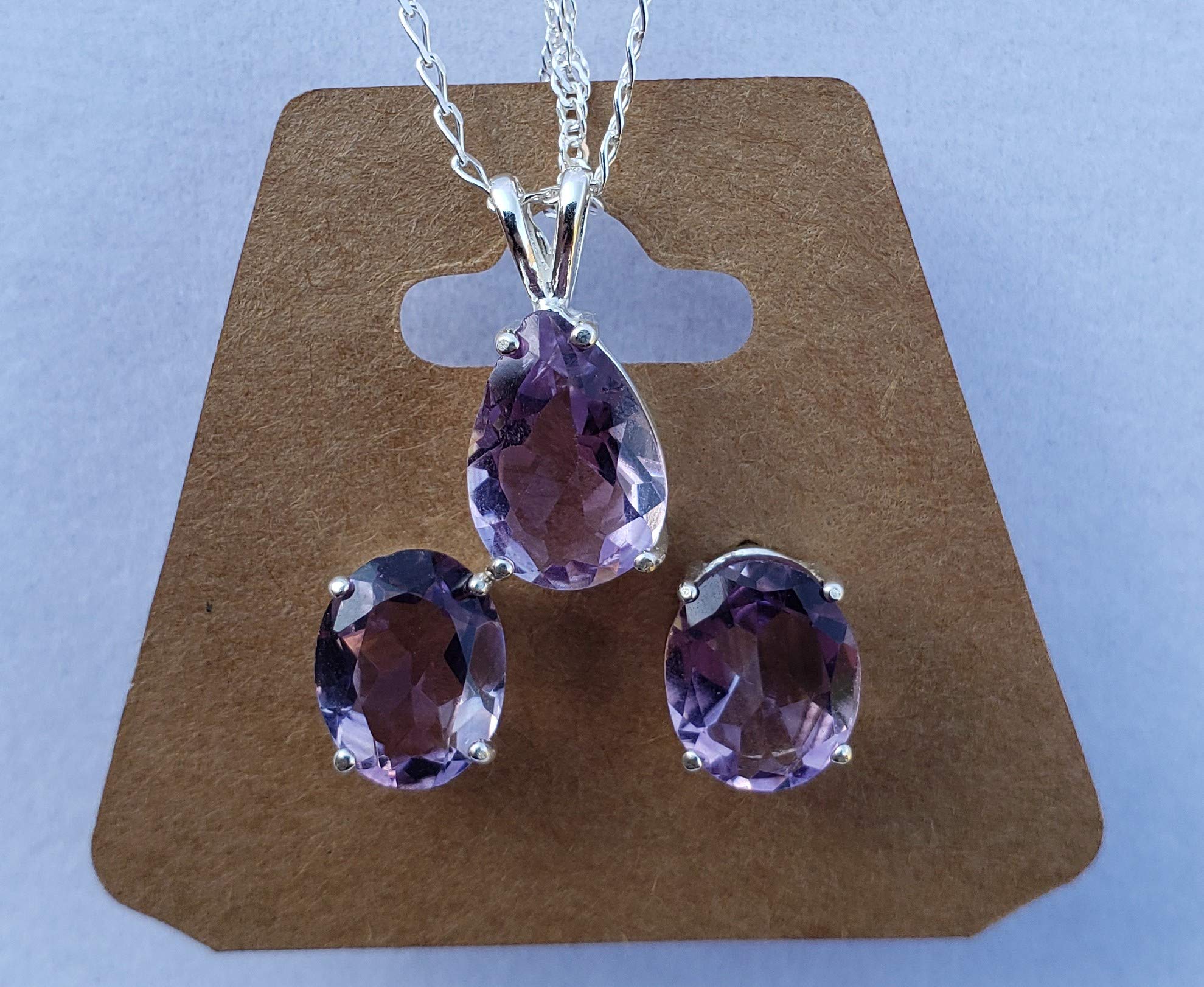 Natural Amethyst Sterling Silver Earrings & Necklace Set for Women - Elegant Purple Crystal Jewelry Gift for Birthday, Anniversary & Special Occasions