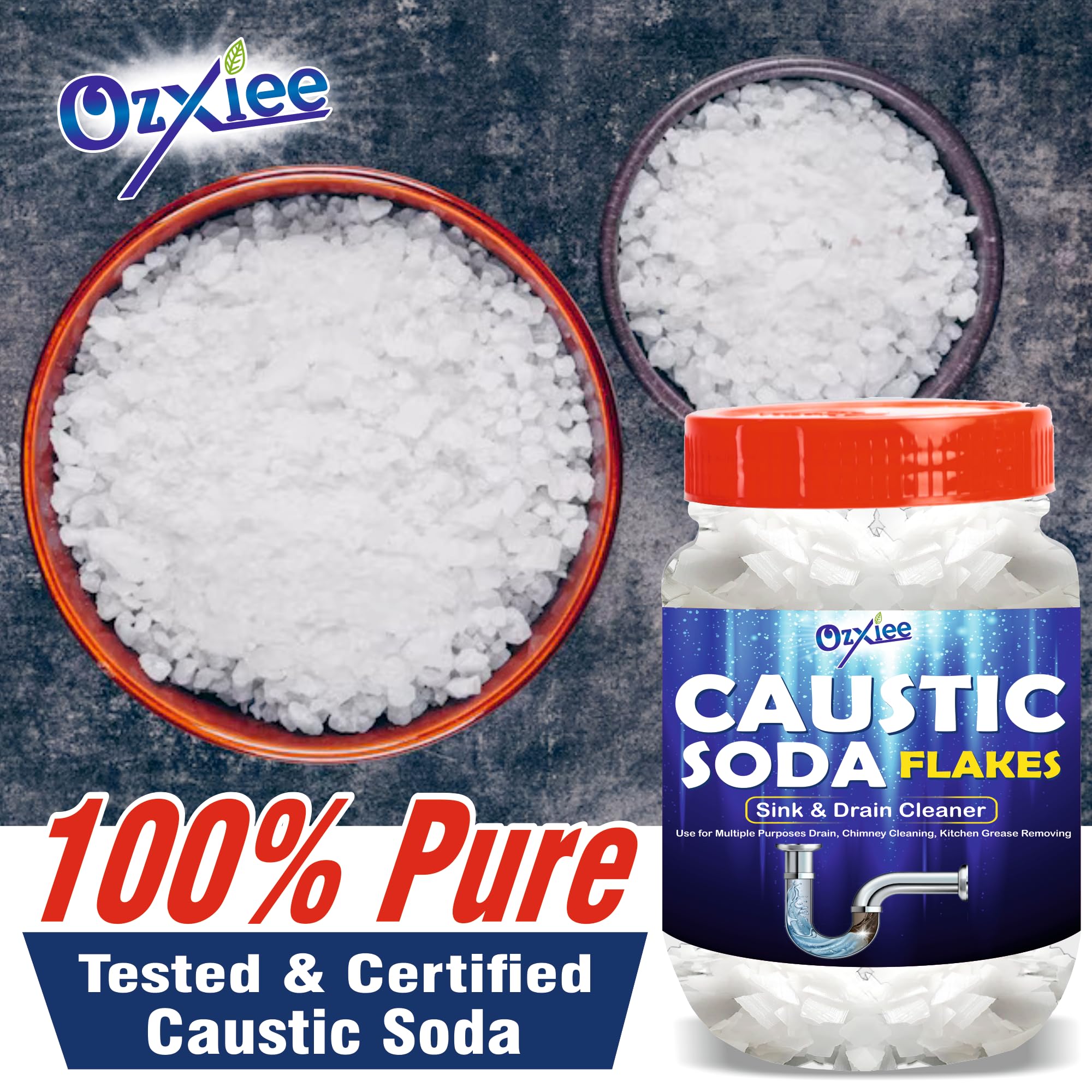 Ozxiee Caustic Soda (400g) - Powerful Drain Cleaner & Chimney Cleaner for Home Maintenance | Essential for Soap Making & DIY Cleaning Projects | Perfect for Kitchen, Bathroom & Workshop Use