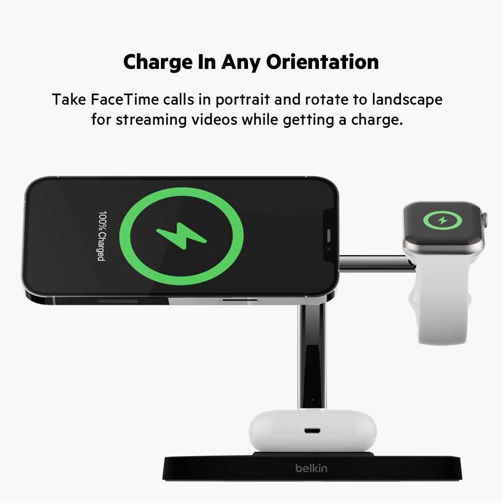 Belkin BoostCharge PRO 3-in-1 Wireless Charger with MagSafe for iPhone 15/14/13/12 & Apple Watch & AirPods - Fast 15W Magnetic Charging Station for Home, Office & Travel