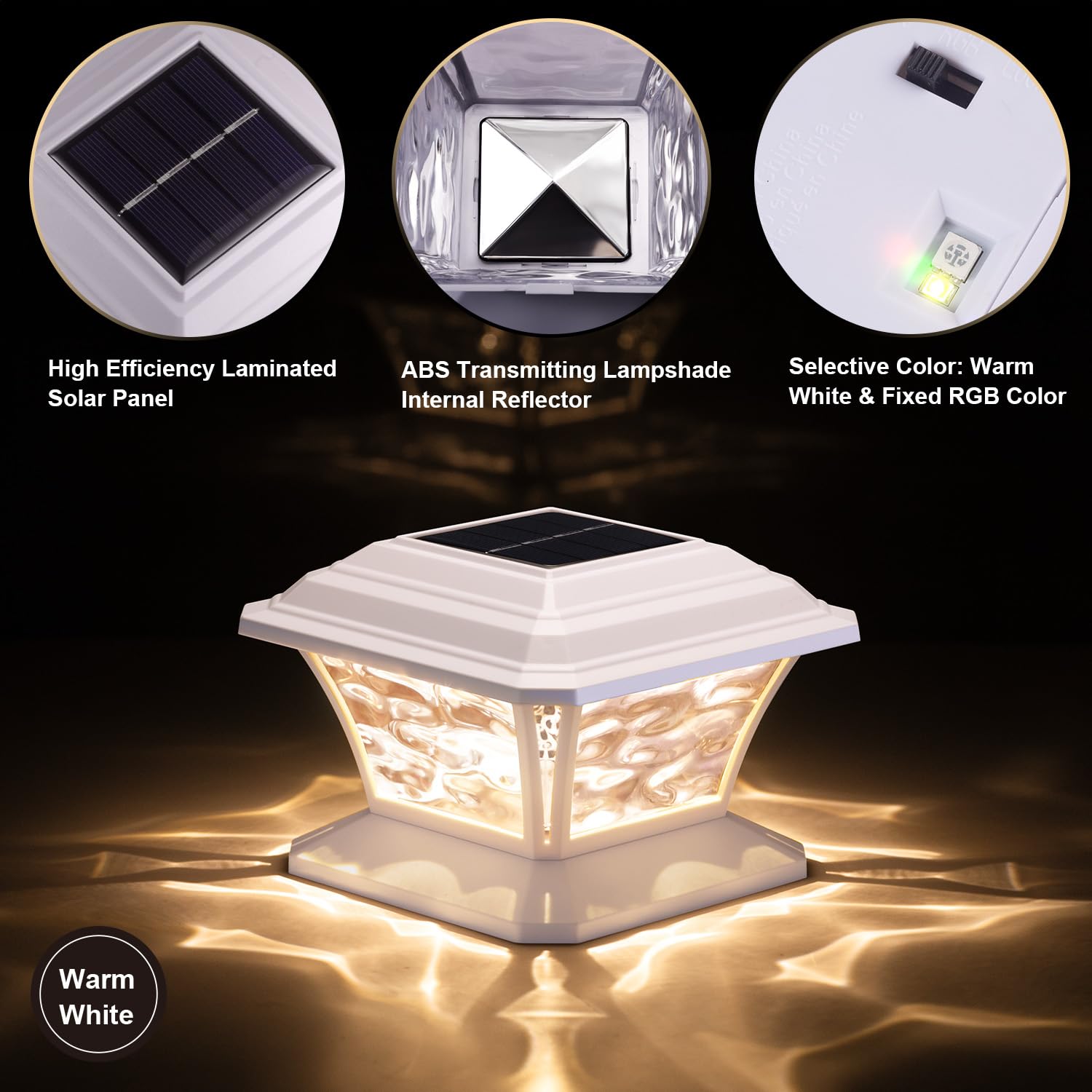 Solar Post Cap Lights - Warm White & RGB Color Changing, 9 Colors, 20 Lumens, IP65 Waterproof for 3.5x3.5