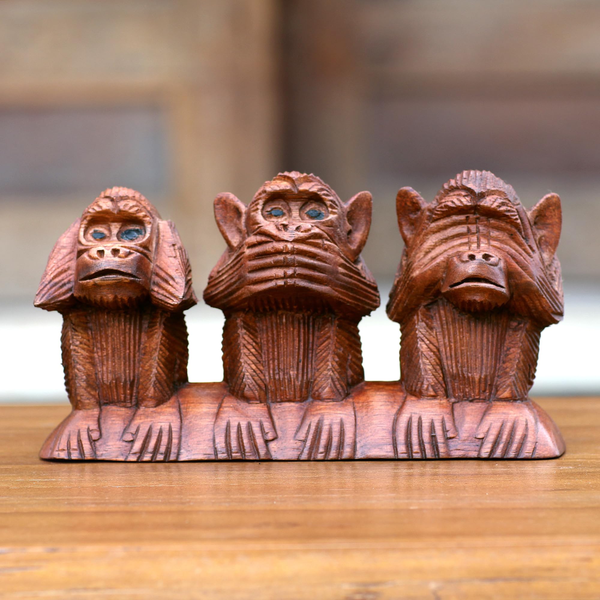 Hand Carved Suar Wood Monkey Proverb Sculpture - 4.5