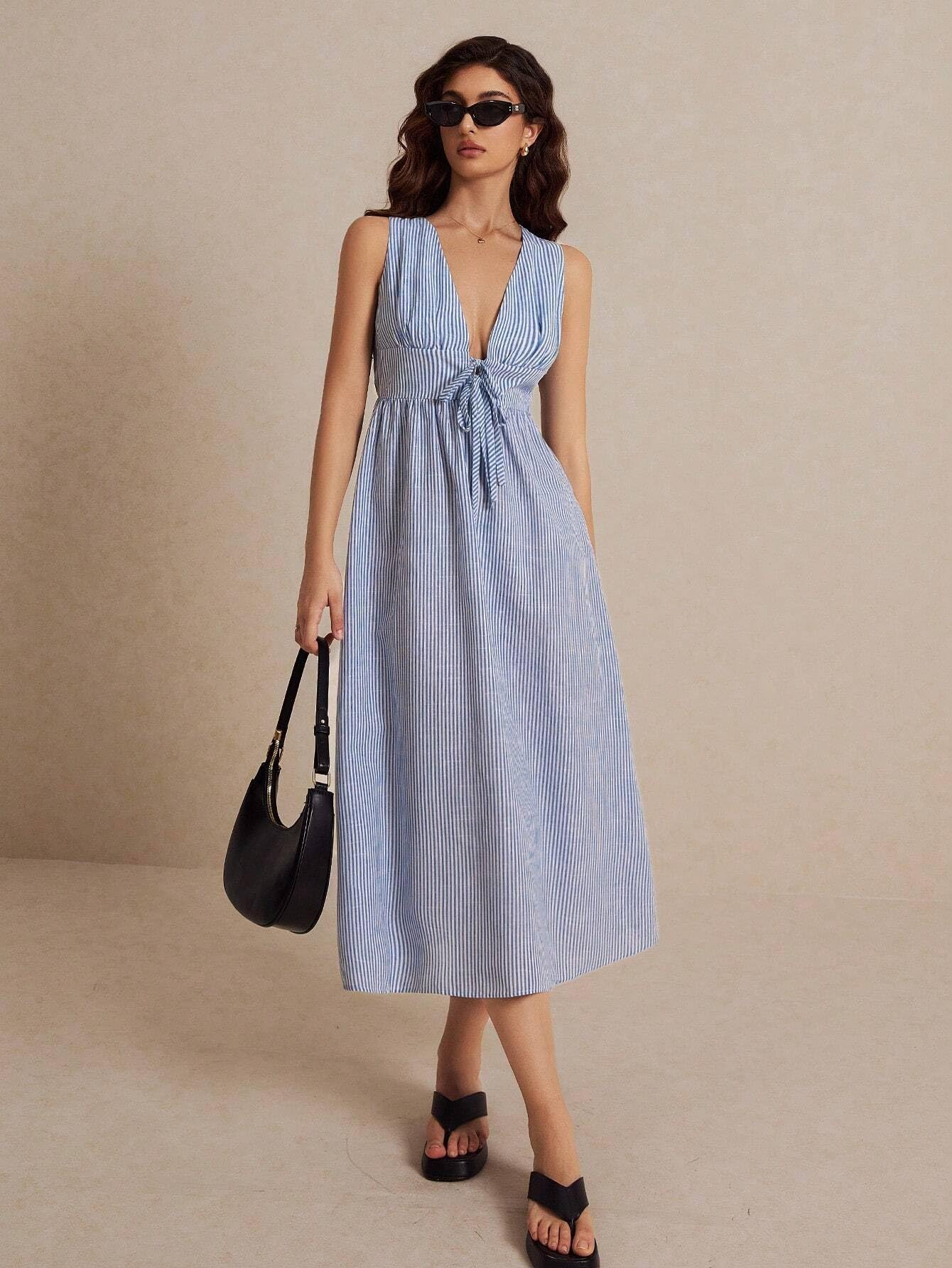 2024 Women's Sexy Blue Striped V-Neck Tie Sleeveless Vest Dress - Perfect for Summer Parties, Date Nights & Beach Vacations