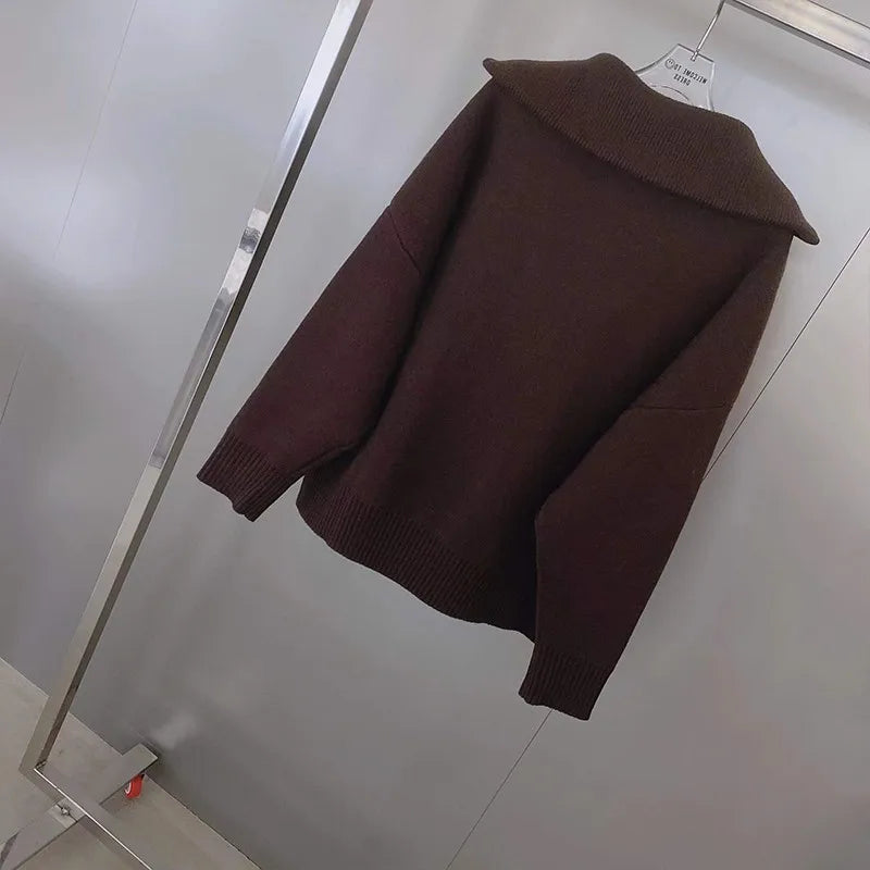 Women's Knitted Two-Piece Set - Beige & Brown Zipper Sweater Top with High Waist Drawstring Wide Leg Pants | Fall Winter Fashion Outfit for Casual Wear, Office & Date Night