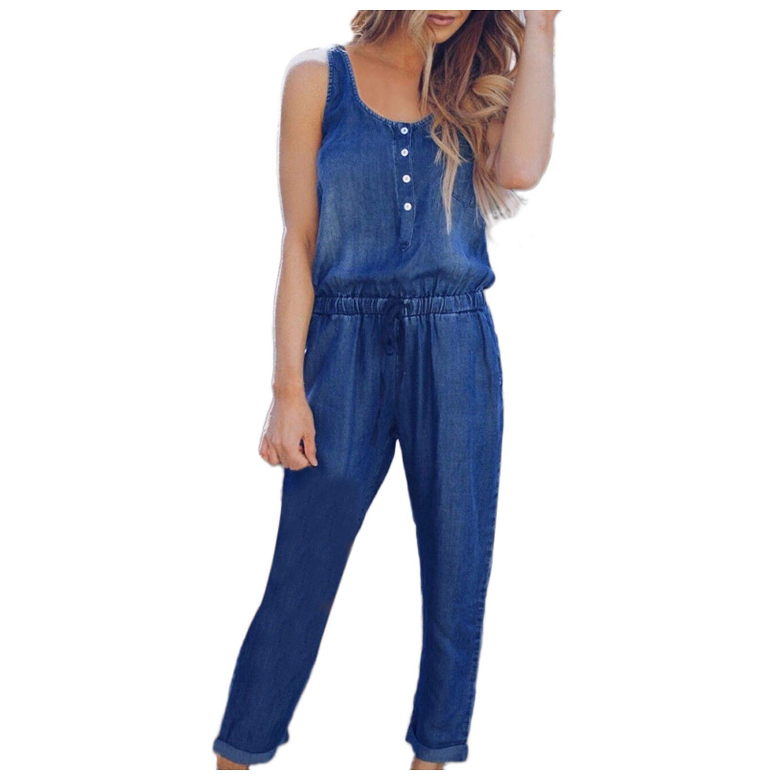 BFAFEN Women's Denim Jumpsuit - Sleeveless Strap Romper with Elastic Waist & Pockets | Casual Summer Outfit for Beach, Vacation, and Outdoor Activities