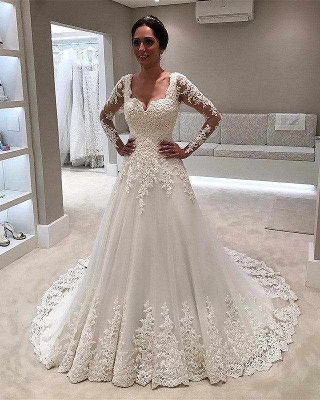 Elegant A-Line Square Neck Long Sleeve Lace Wedding Dress - Perfect for Church Ceremonies, Garden Weddings & Formal Bridal Occasions