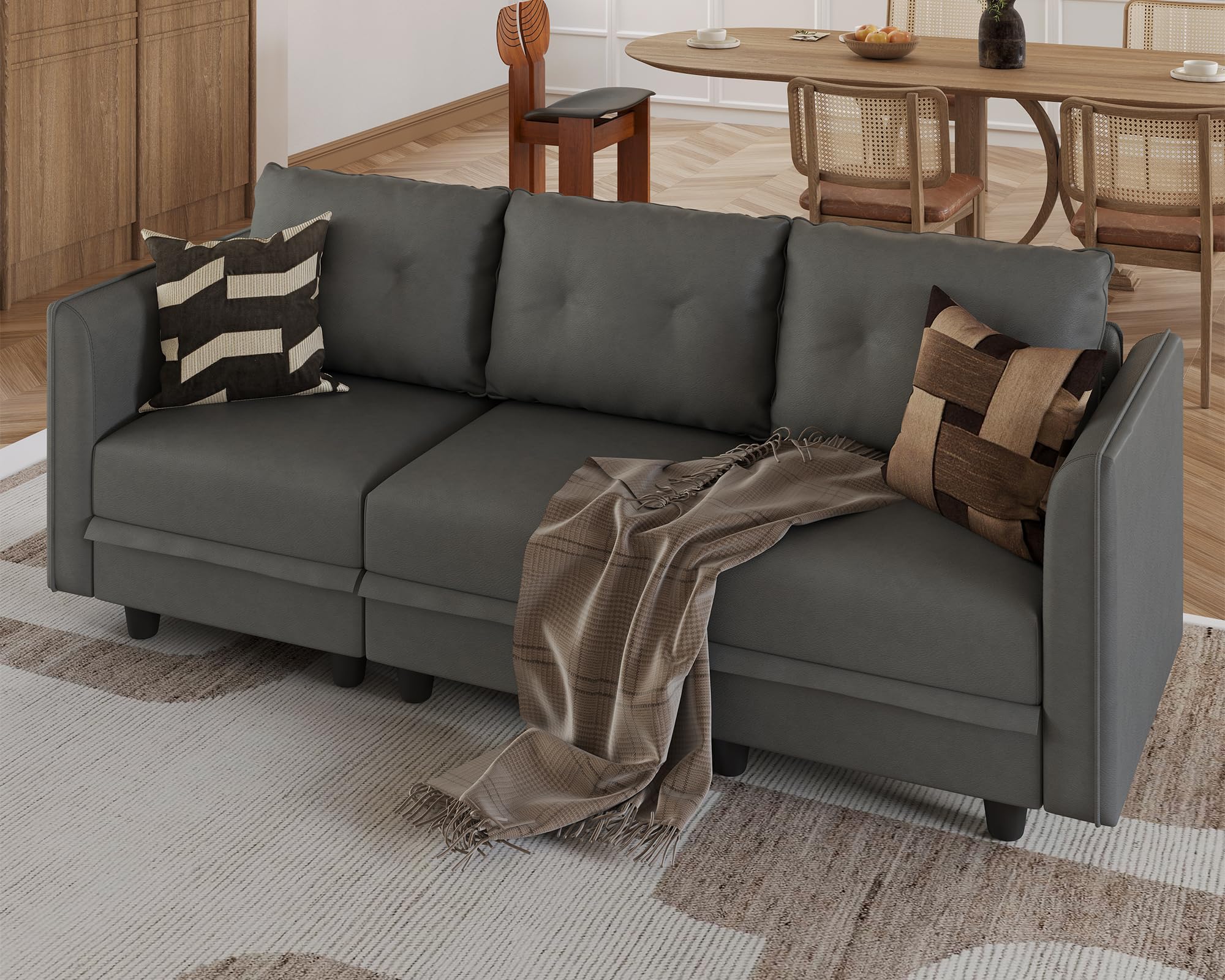 LLappuil 3-Seater Faux Leather Modular Sectional Sofa with Storage Seat - Modern Dark Grey Living Room Couch for Small Spaces & Apartments - Perfect for Studio Living Rooms, Home Theaters, and Cozy Family Gatherings