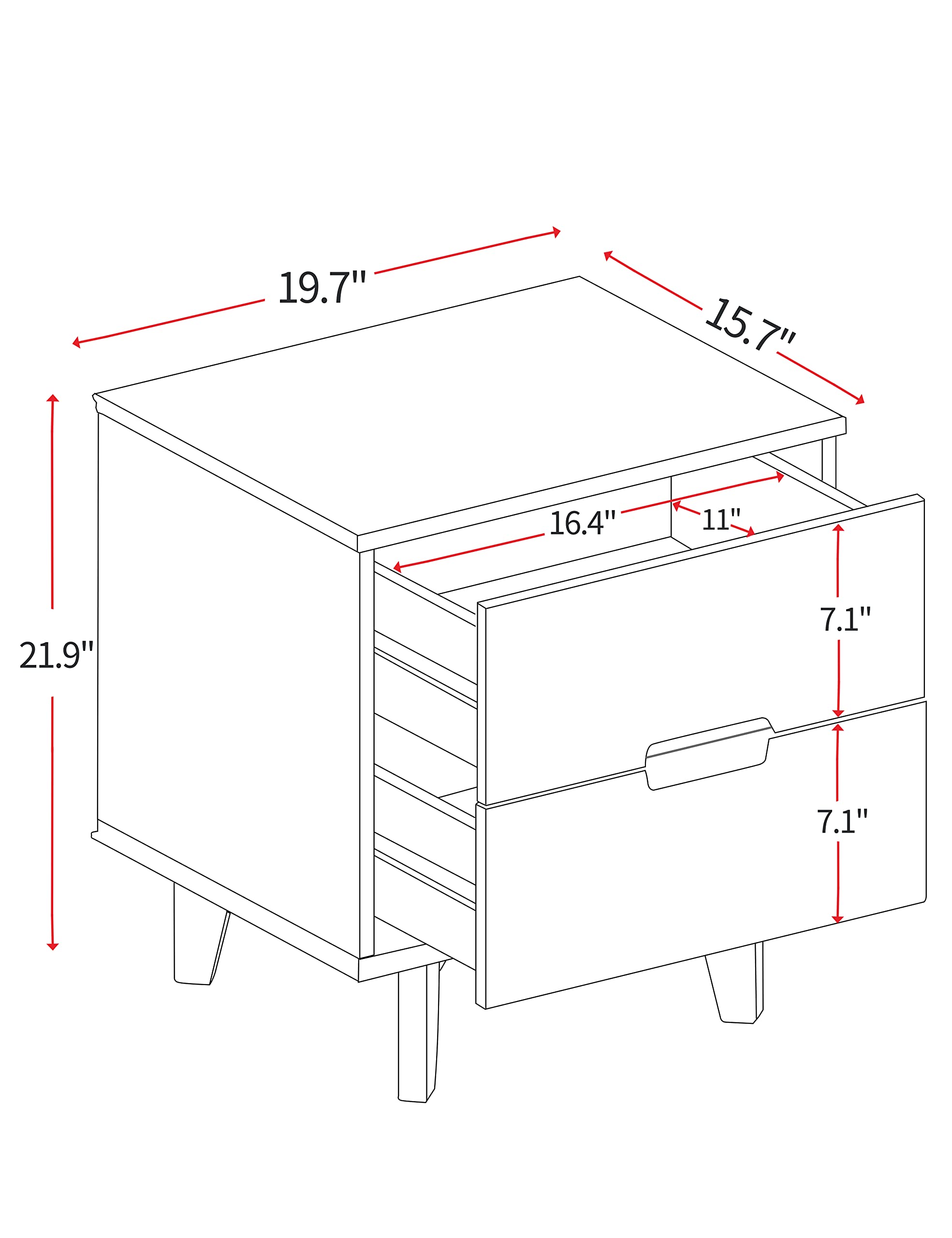 Mid Century Modern Nightstand with Grooved Handle - 2 Drawer Wooden Bedside Table with Storage Shelf, White - Perfect for Bedroom, Living Room & Guest Room Décor
