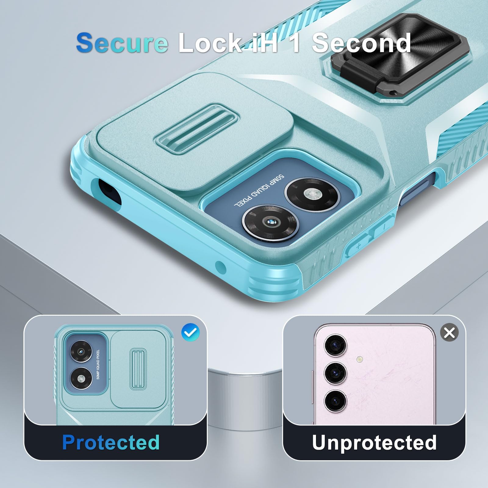 Motorola Moto G Play 2024 Case with Tempered Glass Screen Protector - Heavy Duty Shockproof Phone Cover with Rotating Ring Kickstand & Camera Lens Protector (Mint Green) | Perfect for Outdoor Activities, Work & Daily Protection