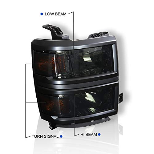 Spec-D Tuning Smoke Headlights with Black Trim for 2014-2015 Chevy Silverado 1500 - Left & Right Pair Headlight Assembly - Upgrade Your Truck's Style & Night Visibility (Perfect for Off-Roading & Night Driving)