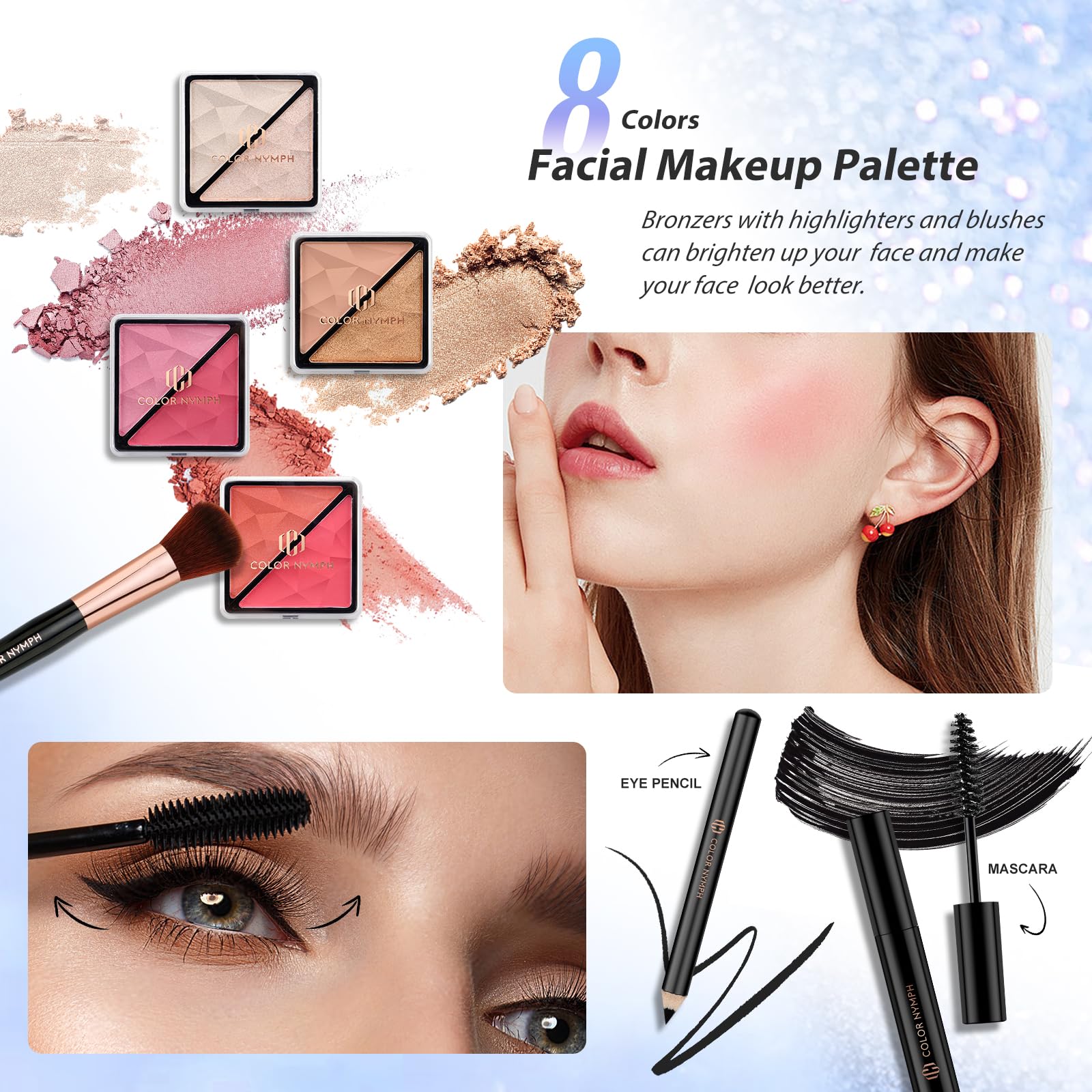 Professional Color Nymph Makeup Kit with Travel Case - Complete Cosmetic Set for Teens & Beginners (Eyeshadow, Lipstick, Blush, Lip Gloss, Mascara + Tools) - Dreamy Silver - Perfect for Everyday Makeup, Parties & Travel