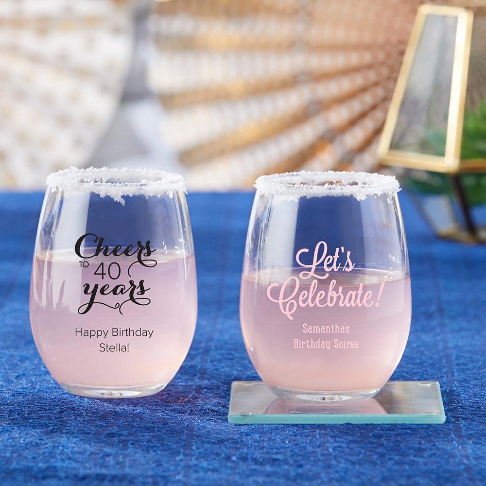 Kate Aspen Personalized 9 oz. Stemless Wine Glass Set - 96pcs Silver Drinking Glasses with Custom Text for Birthday Party Favors, Wedding Decor & DIY Milestone Celebrations - Perfect for Anniversary Gifts, Bridal Showers & Special Events