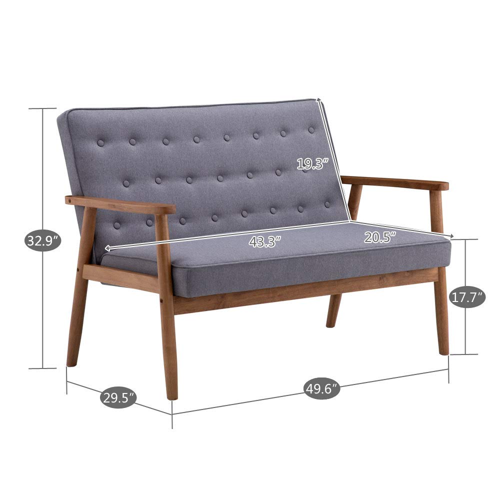 Modern Accent Loveseat Sofa Chair - Retro Fabric Upholstered Wooden Lounge Couch for Living Room - Gray | Perfect for Small Spaces, Reading Nooks & Cozy Conversations