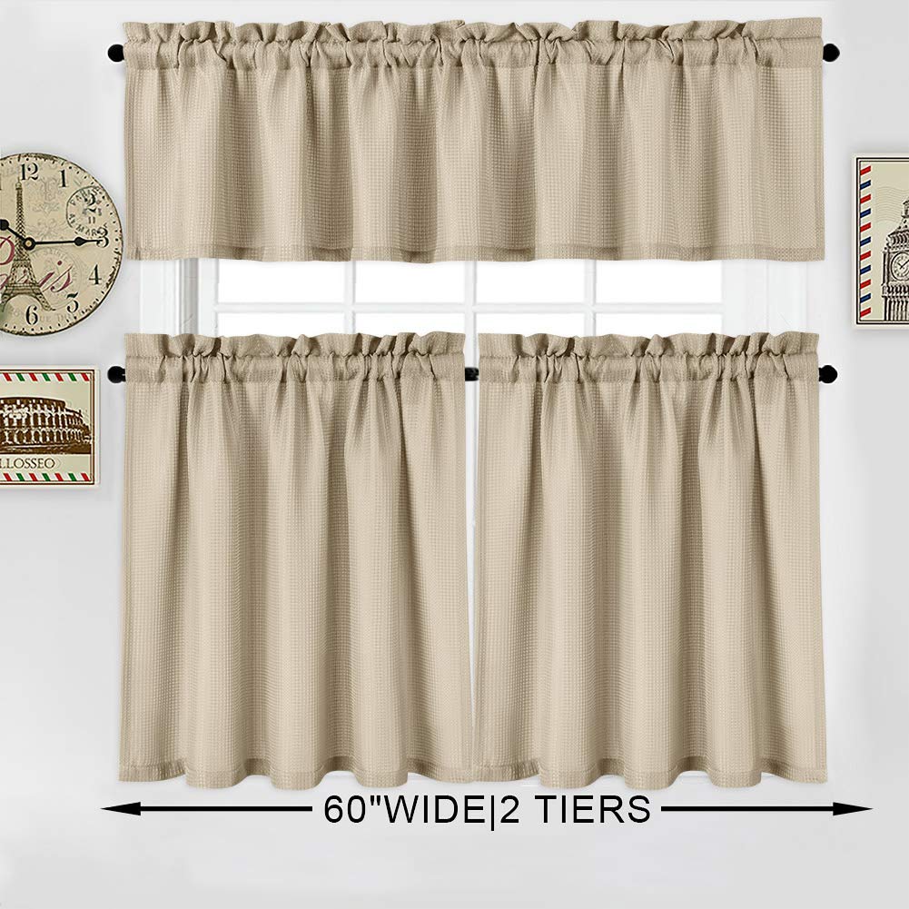Waffle Woven Textured Short Kitchen Curtains Set of 2 - 30x54 Inch Waterproof Window Treatment for Bathroom & Cafe, Plaza Taupe - Perfect for Small Windows, RV & Apartment Decor