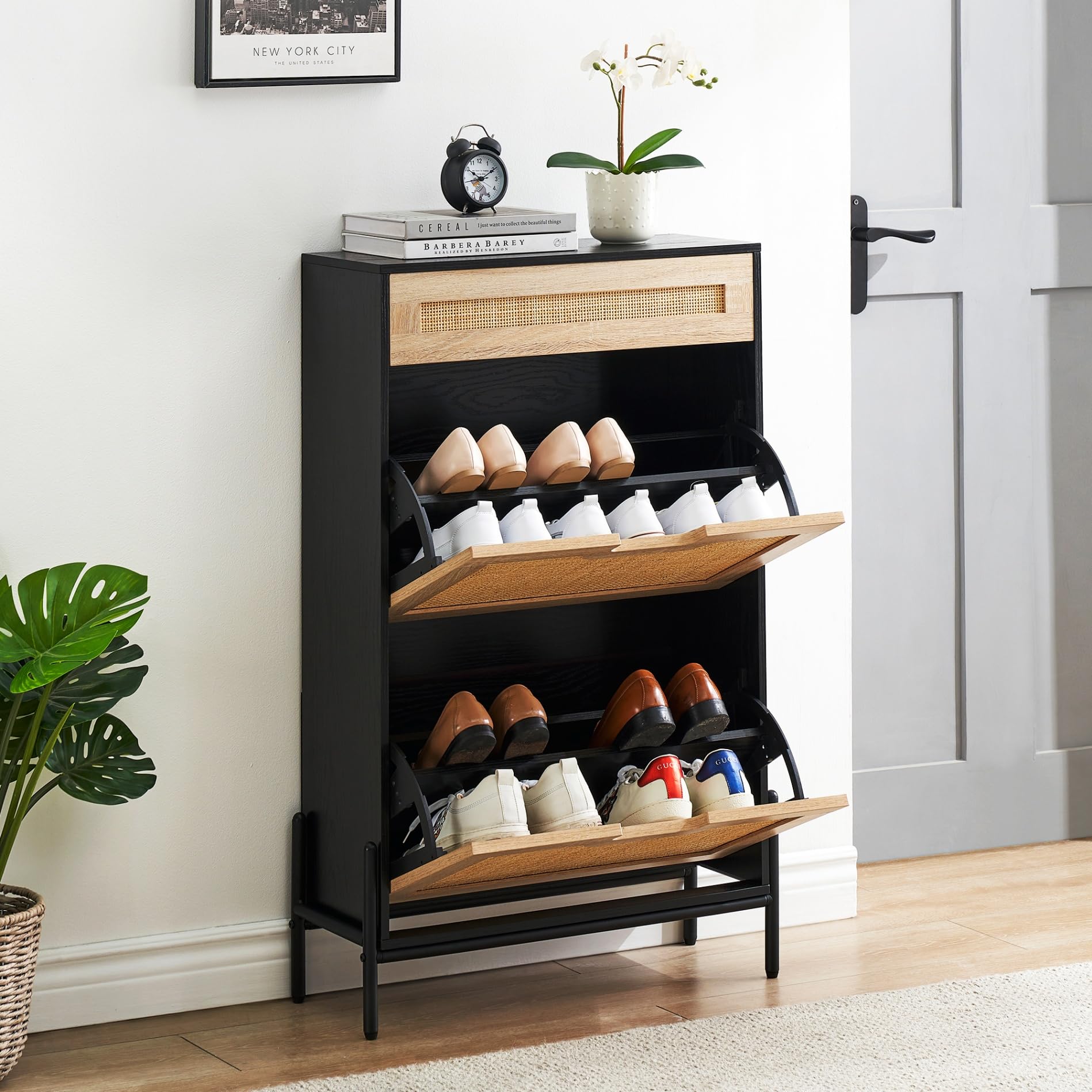 IDEALHOUSE Natural Rattan 2-Door Flip Shoe Cabinet with Drawer - 3-Tier Adjustable Shelf Shoe Storage Organizer for Entryway, Hallway & Closet - Modern Freestanding Shoe Rack for Home & Office Organization