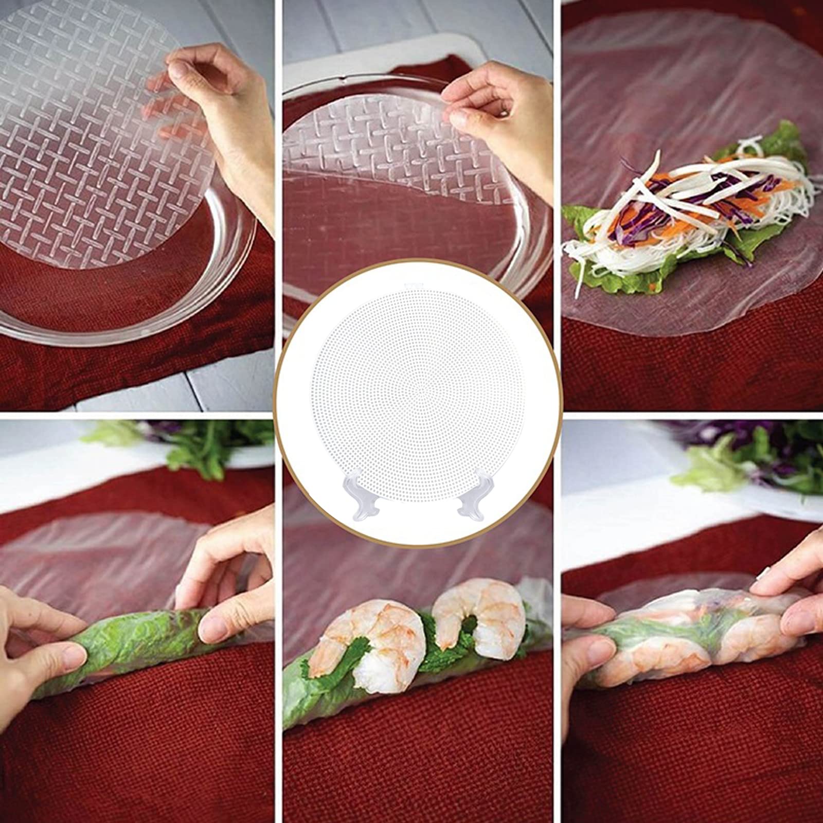 Premium Rice Paper Wrappers for Spring Rolls - 10 Plastic Mesh Trays & Collapsible Stand - Large Bowl Shrimp Paper Roll Pastry Holder - Perfect for Vietnamese Cuisine, Sushi Making & Asian Food Prep at Home