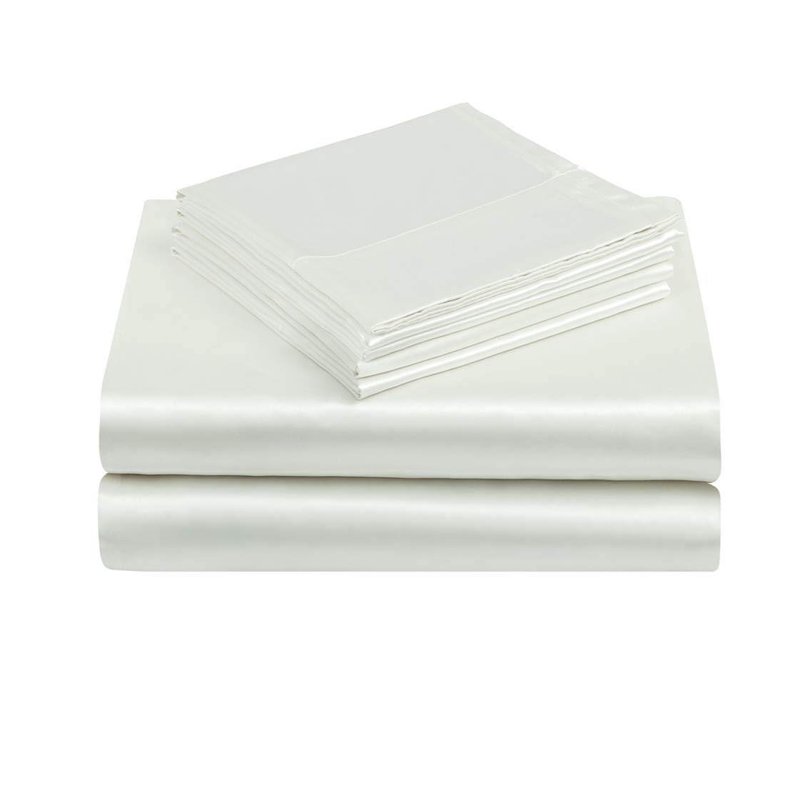 Luxury 4-Piece Satin Sheet Set - Twin Size Silky Smooth Ivory White Bedding with Deep Pocket (Fitted Sheet, Flat Sheet & 2 Pillowcases) - Perfect for Cozy Nights, Guest Rooms & Dorm Essentials