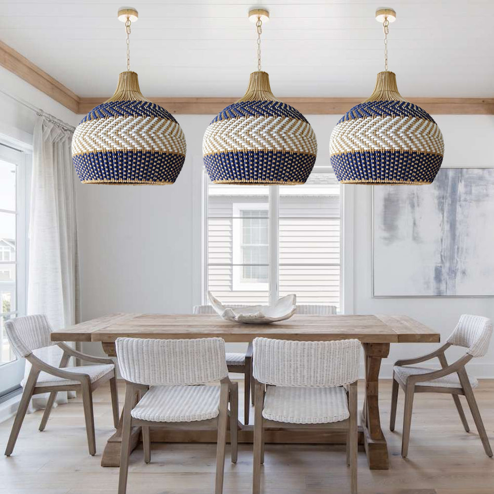 Royal Blue Rattan Pendant Light - Boho Chic Ceiling Fixture for Bedroom, Dining Room & Patio Decor