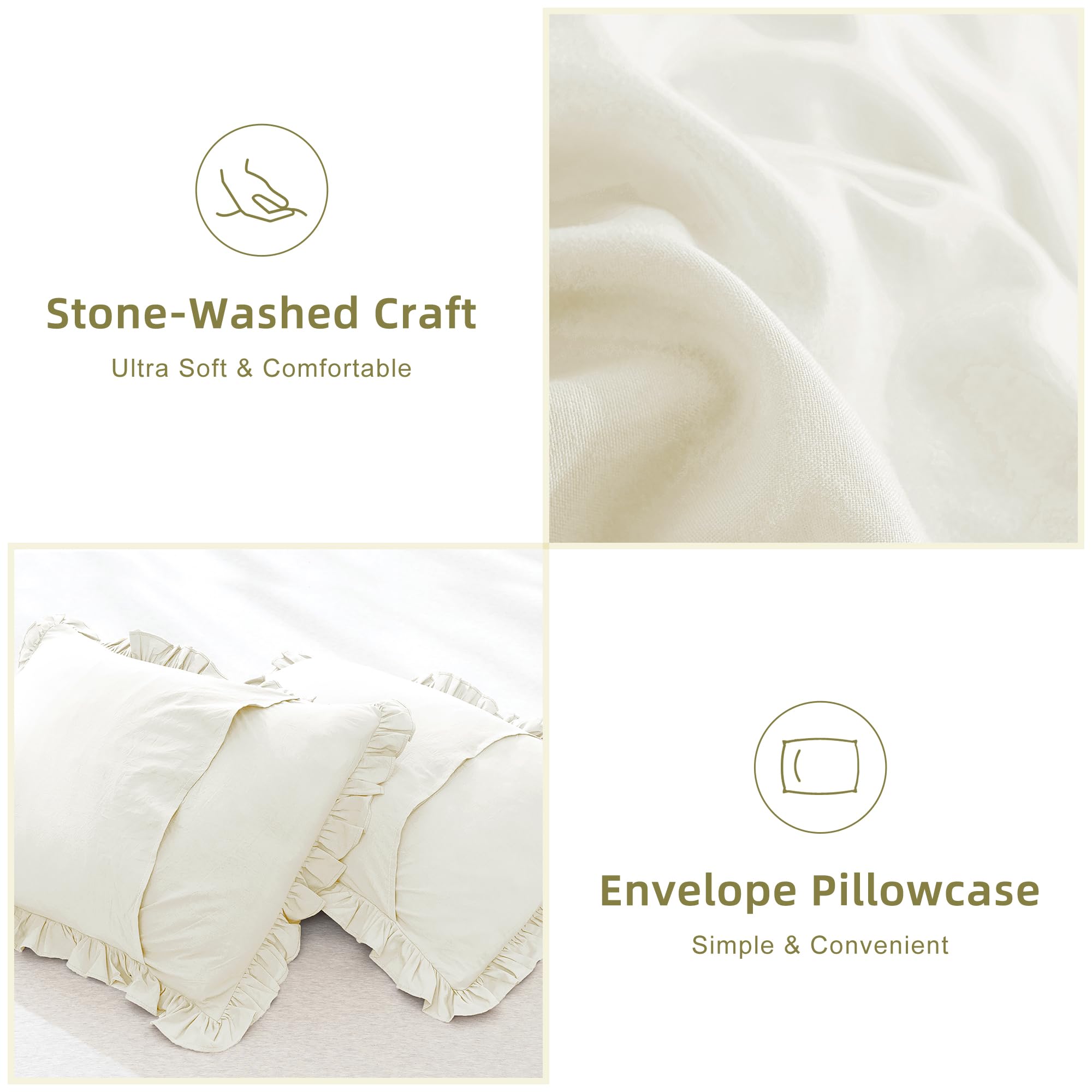 QSH King Size Ruffle Comforter Set - 3 Piece Ivory Shabby Chic Farmhouse Bedding | Ultra Soft Microfiber Lightweight Boho Duvet Cover | Perfect for French Country Bedrooms, Guest Rooms & Cozy Boho Decor