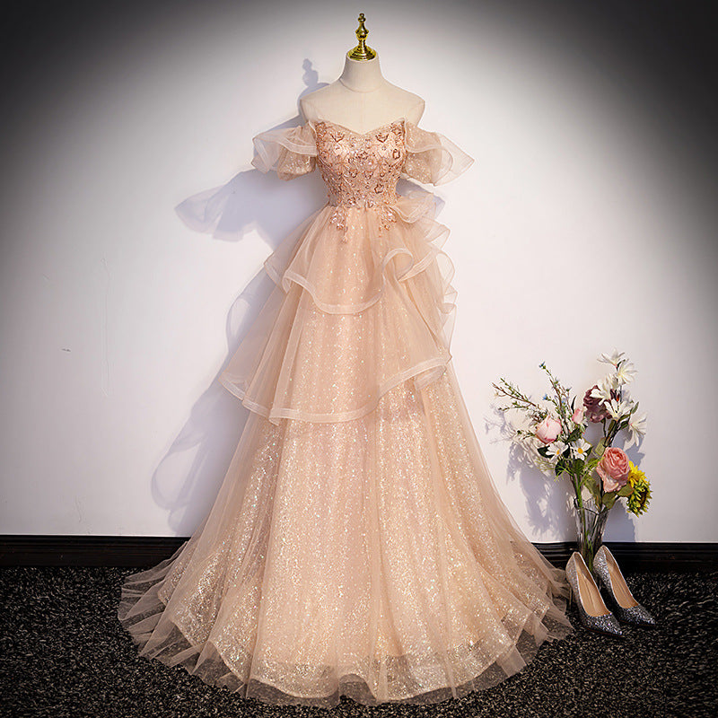 Elegant Off Shoulder Champagne Tulle Prom Dress - A-Line Sweetheart Birthday Party Gown for Women | Perfect for Homecoming, Quinceañera & Formal Events