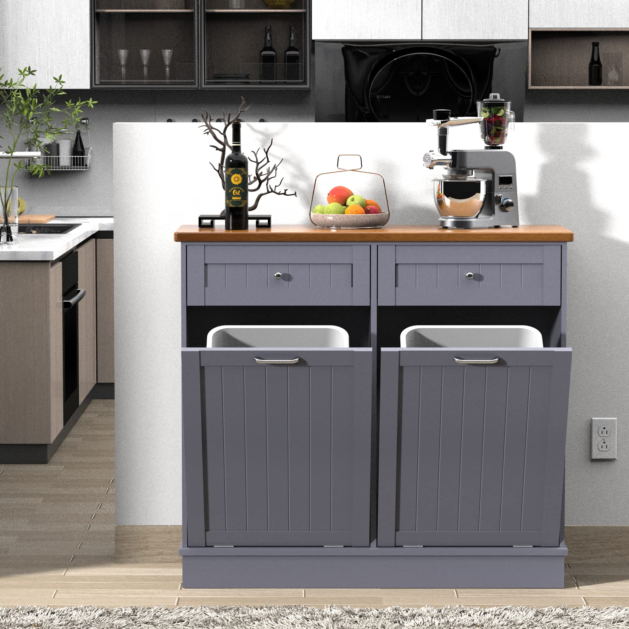 20 Gallon Double Tilt Out Trash Cabinet - Antique Beadboard Kitchen Trash Can Storage with Solid Wood Tabletop & Drawer | Pet Proof Waste Bin | Wooden Laundry Cabinet Organizer for Kitchen, Pantry & Utility Room