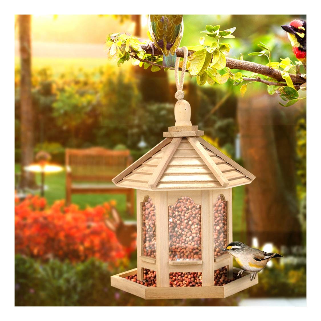 Hexagon Wooden Hanging Bird Feeder with Roof - Outdoor Garden Yard Decoration for Wild Birds - Perfect for Attracting Cardinals, Finches & Bluebirds to Your Backyard