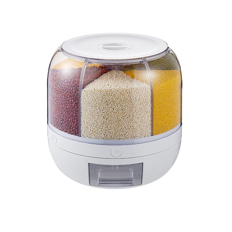 360° Rotating Rice Dispenser with 6 Compartments - 24lbs Capacity for Rice, Grains, Coffee Beans & Pet Food | One-Touch Dispensing | Perfect for Kitchen Pantry & Bulk Food Storage