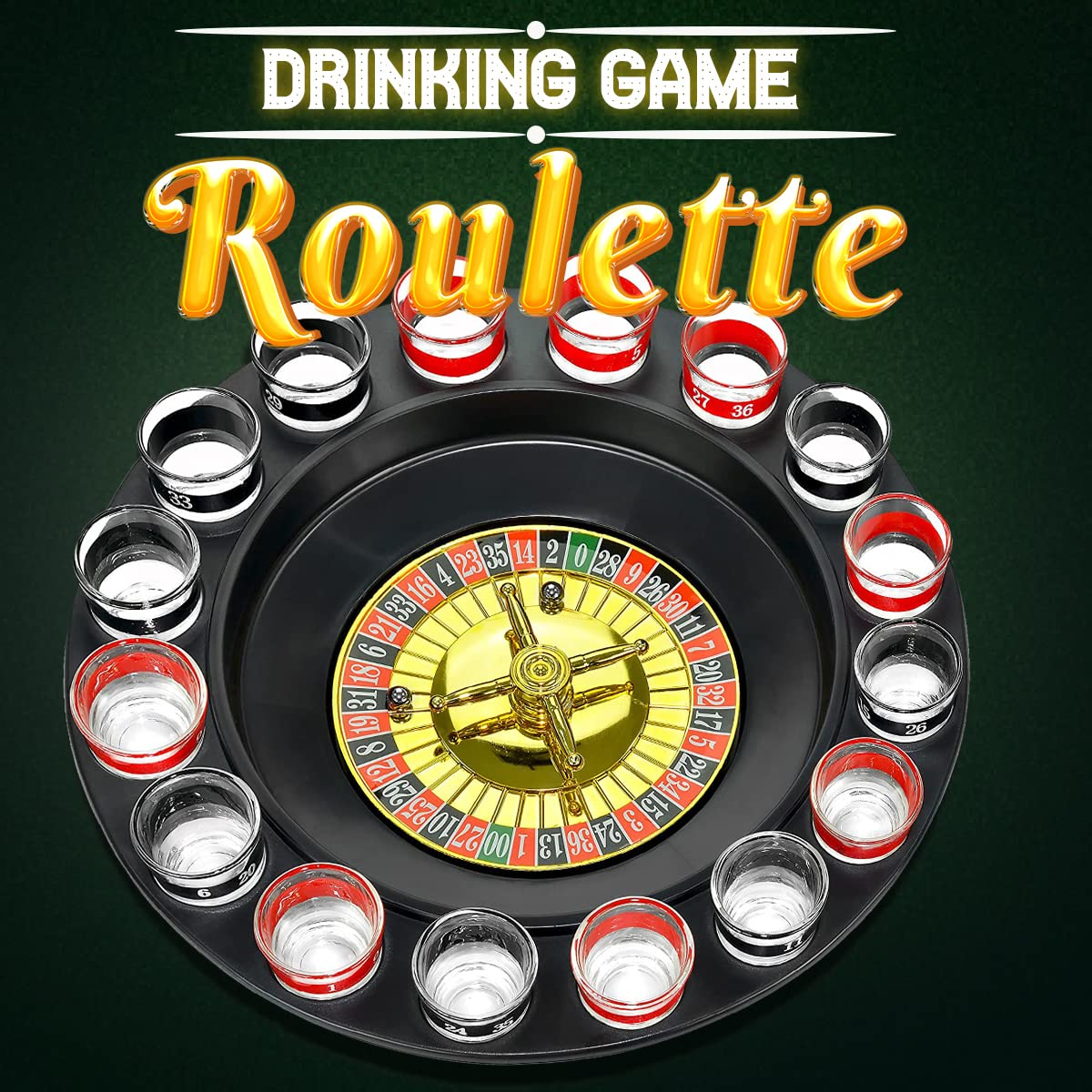 Casino Style Drinking Game Glass Roulette Set - 16 Shot Glasses & 2 Balls for Adult Party Games, Bachelor/Bachelorette Parties & Bar Nights - Fun Alcohol Drinking Accessories for Group Games & Social Events