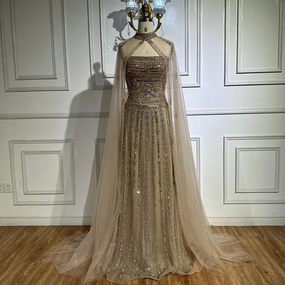 Elegant Beaded A-Line Evening Gown with Caramel Color - Perfect for Dubai Parties, Red Carpet Events & Formal Occasions | Style LA72873