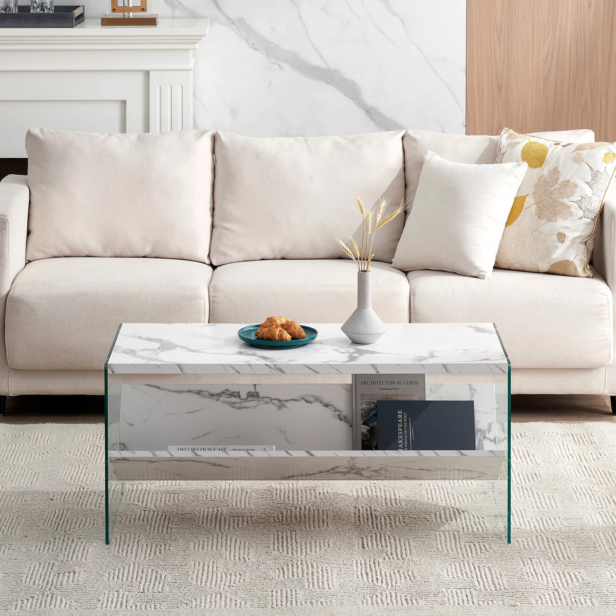 ivinta Modern Rectangle Coffee Table with Tempered Glass Legs & Storage - White 5771 | Perfect for Living Room, Lounge & Small Spaces
