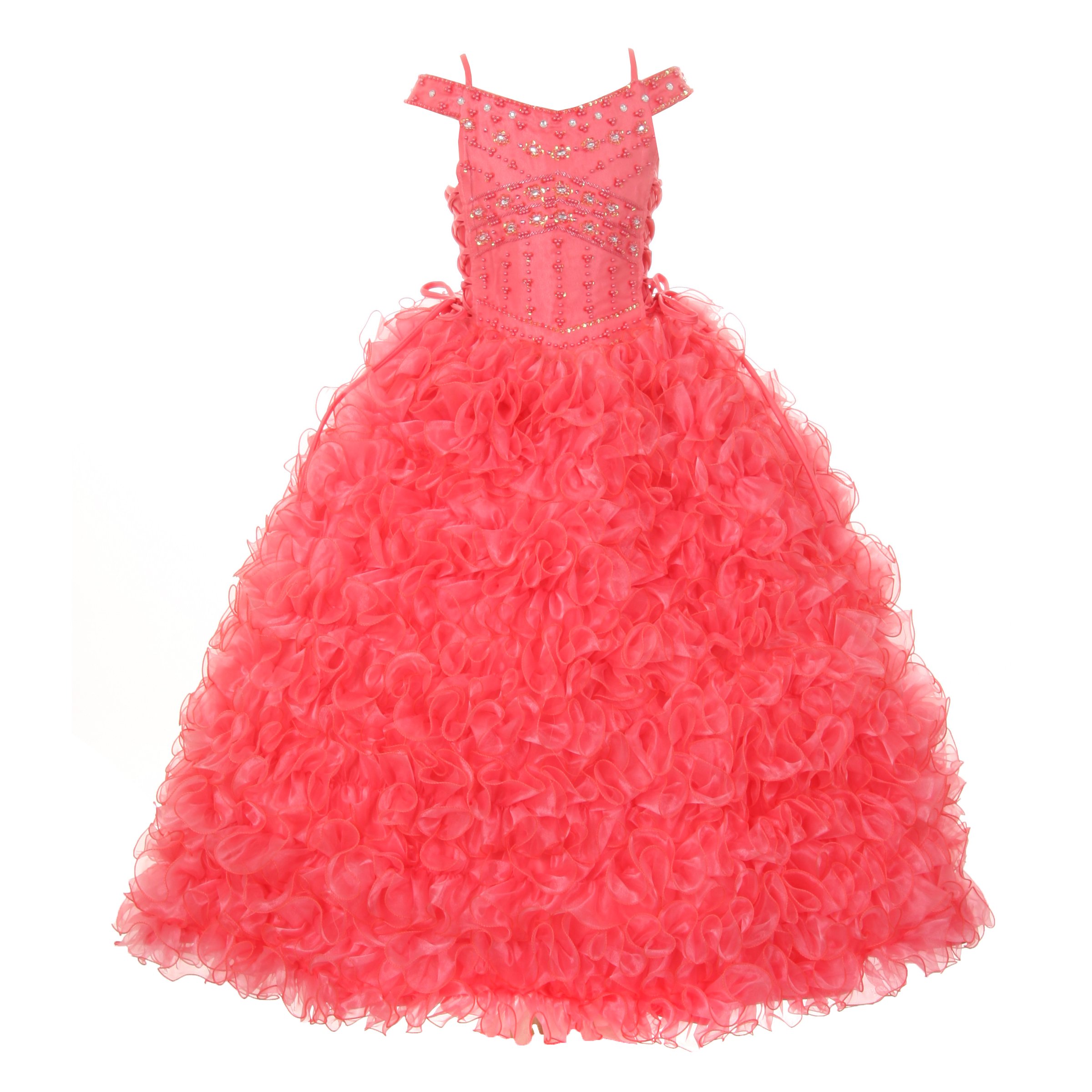 Coral Beads Straps Ruffle Organza Pageant Dress for Girls Size 14 - Elegant Flower Girl Dress for Weddings, Parties & Special Occasions