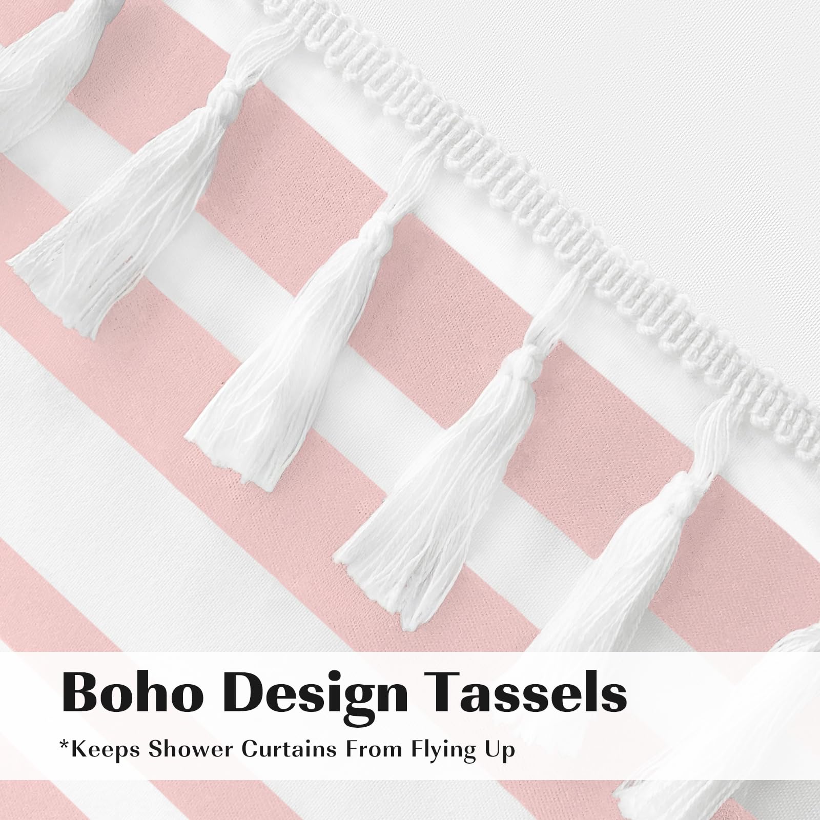 Seasonwood Pink and White Striped Waterproof Shower Curtain with Tassel Trim - 72x84 Inch Long Fabric Bathroom Curtain for Shower Decor - Perfect for Boho, Farmhouse or Modern Bathroom Styles