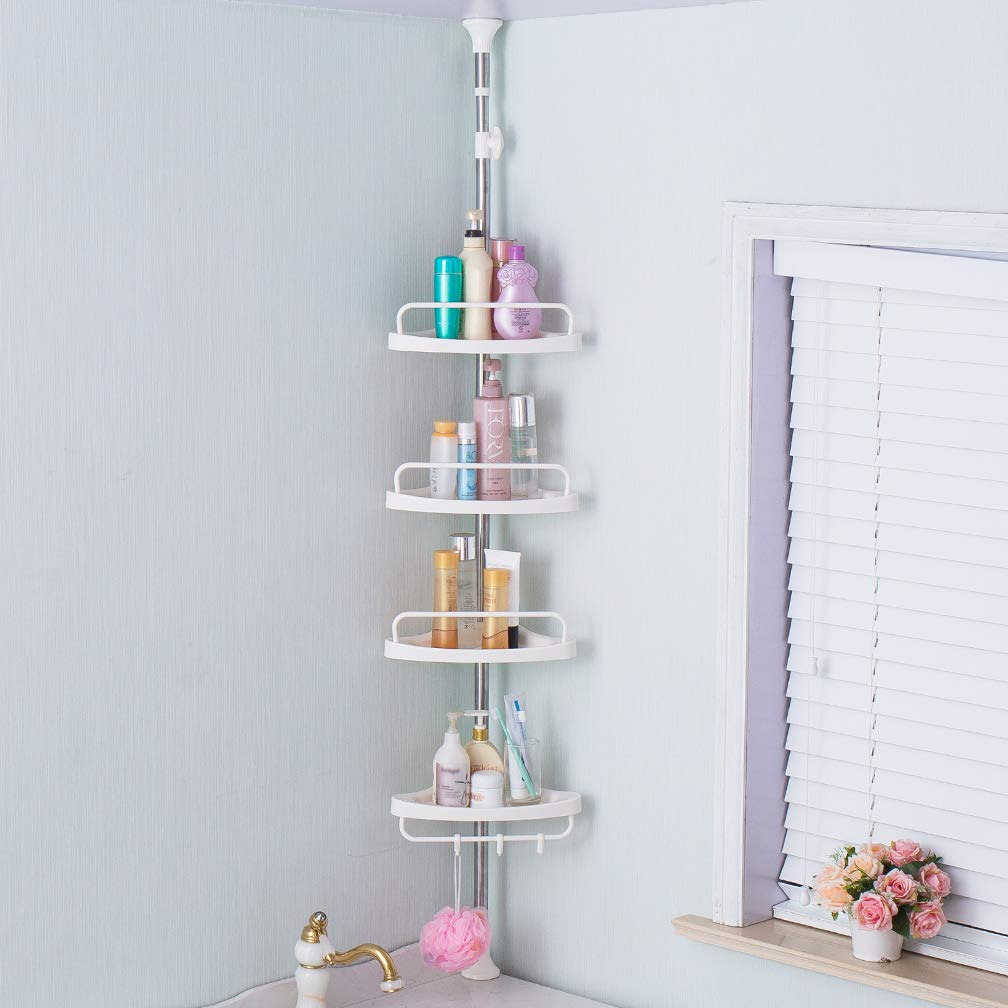 Hershii 4-Tier Adjustable Tension Pole Shower Caddy - Stainless Steel Bathroom Corner Storage Shelf Organizer for Shampoo, Conditioner & Toiletries - Perfect for Small Bathrooms & Apartment Showers (Ivory)