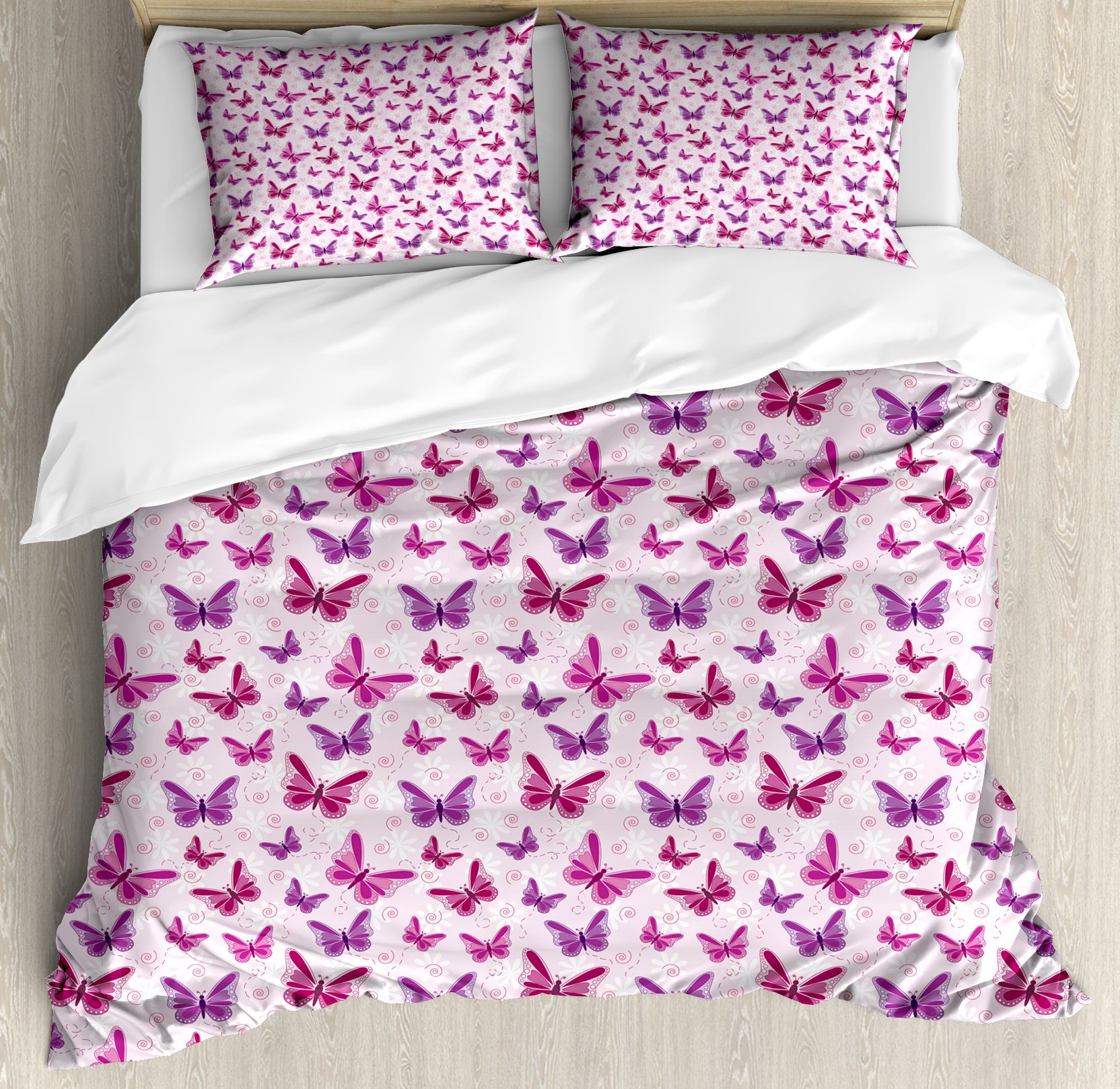 Ambesonne Purple Duvet Cover Set - Queen Size 3-Piece Bedding with Abstract Butterfly Floral Design | Feminine Romantic Maroon Purple & Pale Pink Duvet Cover & 2 Pillow Shams | Perfect for Master Bedroom, Guest Room & Bohemian Home Decor