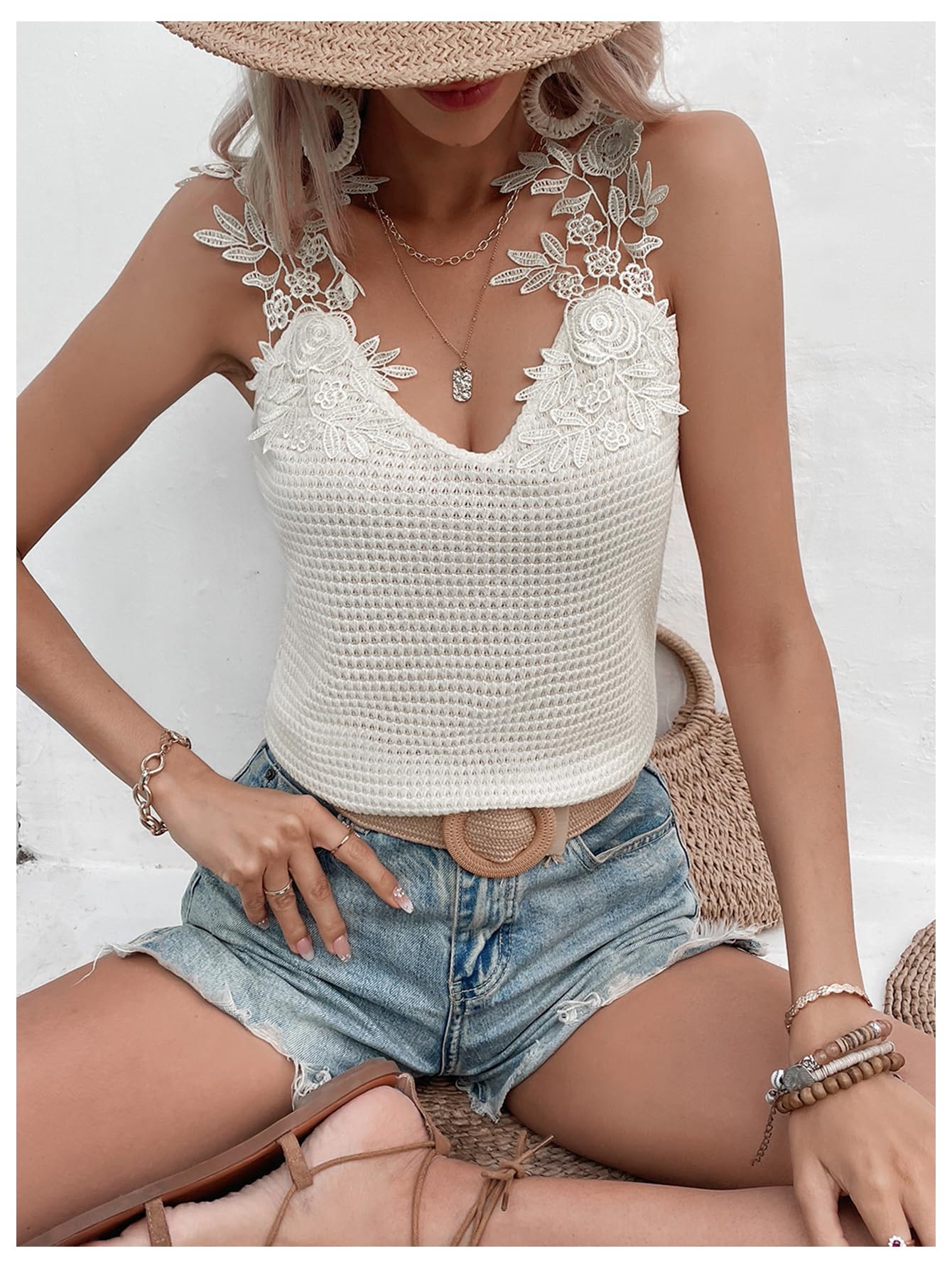 MakeMeChic Women's Deep V Neck Waffle Knit Camisole Top - Sleeveless Summer Tank with Applique Detail for Casual Wear, Layering & Beach Outfits