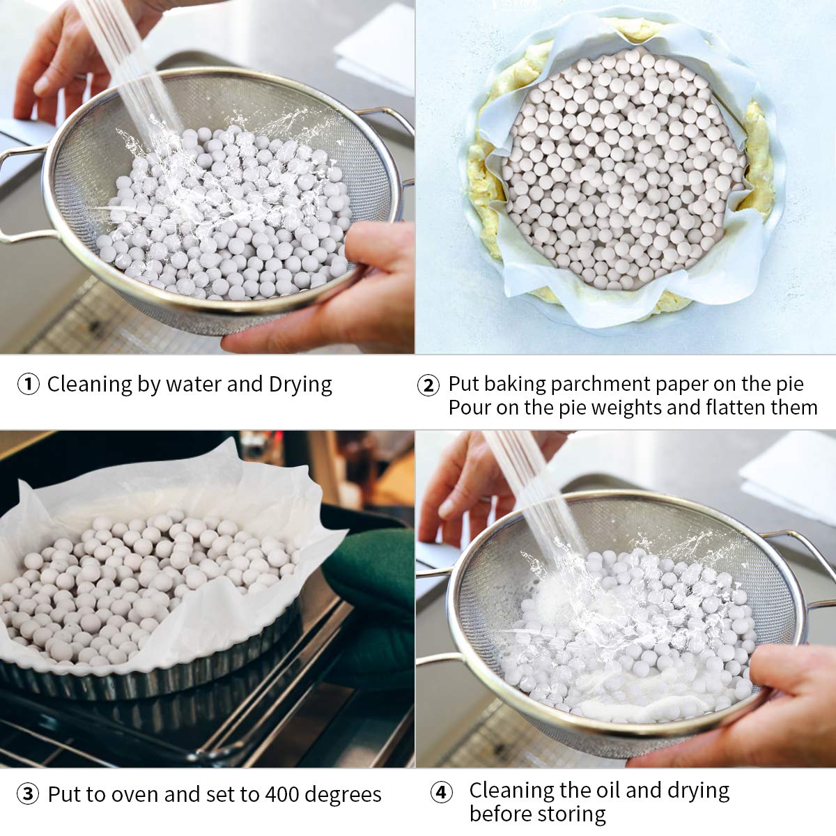 Reusable 10mm Ceramic Pie Weights - Natural Stoneware Baking Beans for Perfect Pie Crust with Wheat Straw Container | Ideal for Blind Baking, Quiches & Tarts