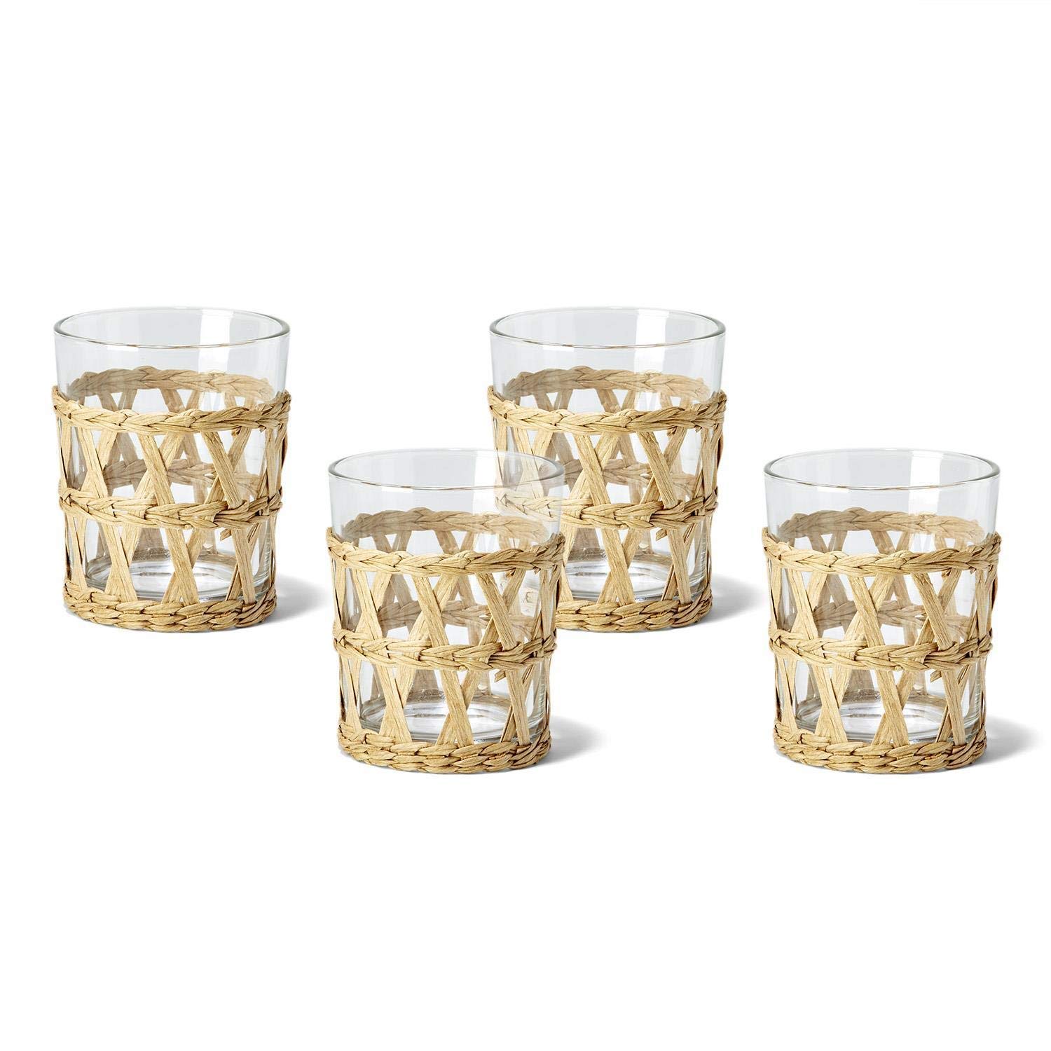 Two's Company Island Chic Drinking Glass Set - 24-Piece Hand-Woven Lattice Design for Tropical Cocktails, Beach Parties & Summer Entertaining