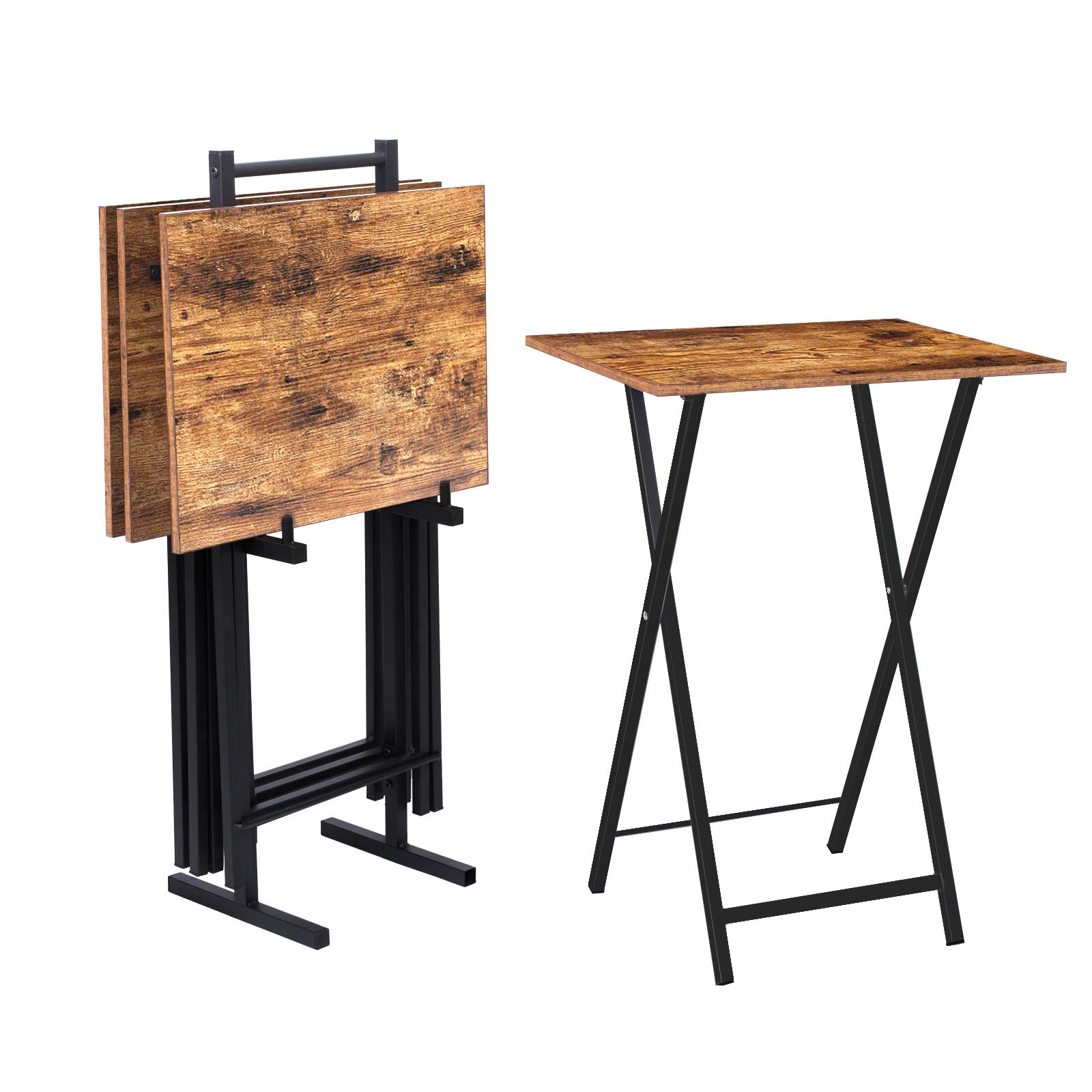 HOOBRO Set of 4 Folding TV Tray Tables with Storage Rack - Industrial Style Side Tables for Eating on Couch, Foldable Snack Tables for Small Spaces - Easy Assembly Rustic Brown & Black BF50BZ01 | Perfect for Movie Nights, Gaming Snacks & Small Apartment Living