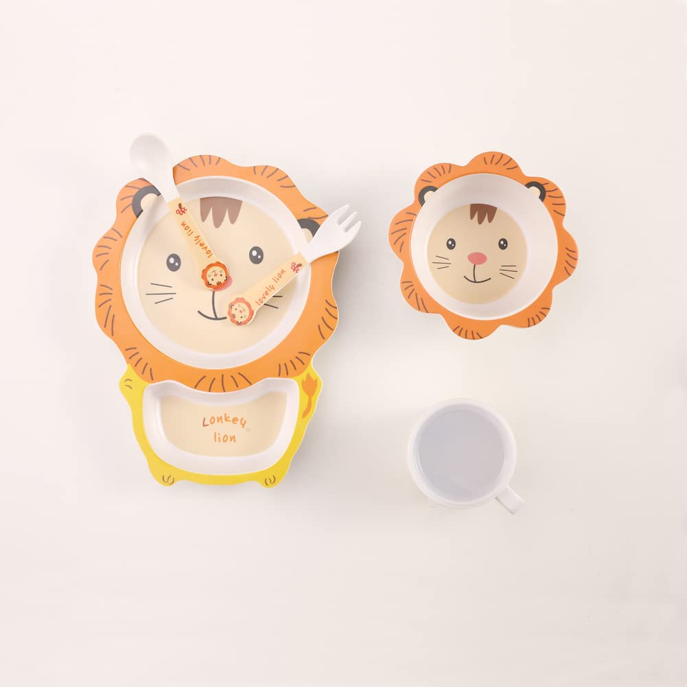 Eco-Friendly Bamboo Kids Dinnerware Set - 5 Piece Plate, Bowl, Cup, Fork & Spoon (Lion Design) | Durable & Safe for Toddlers Mealtime, Picnics & Travel