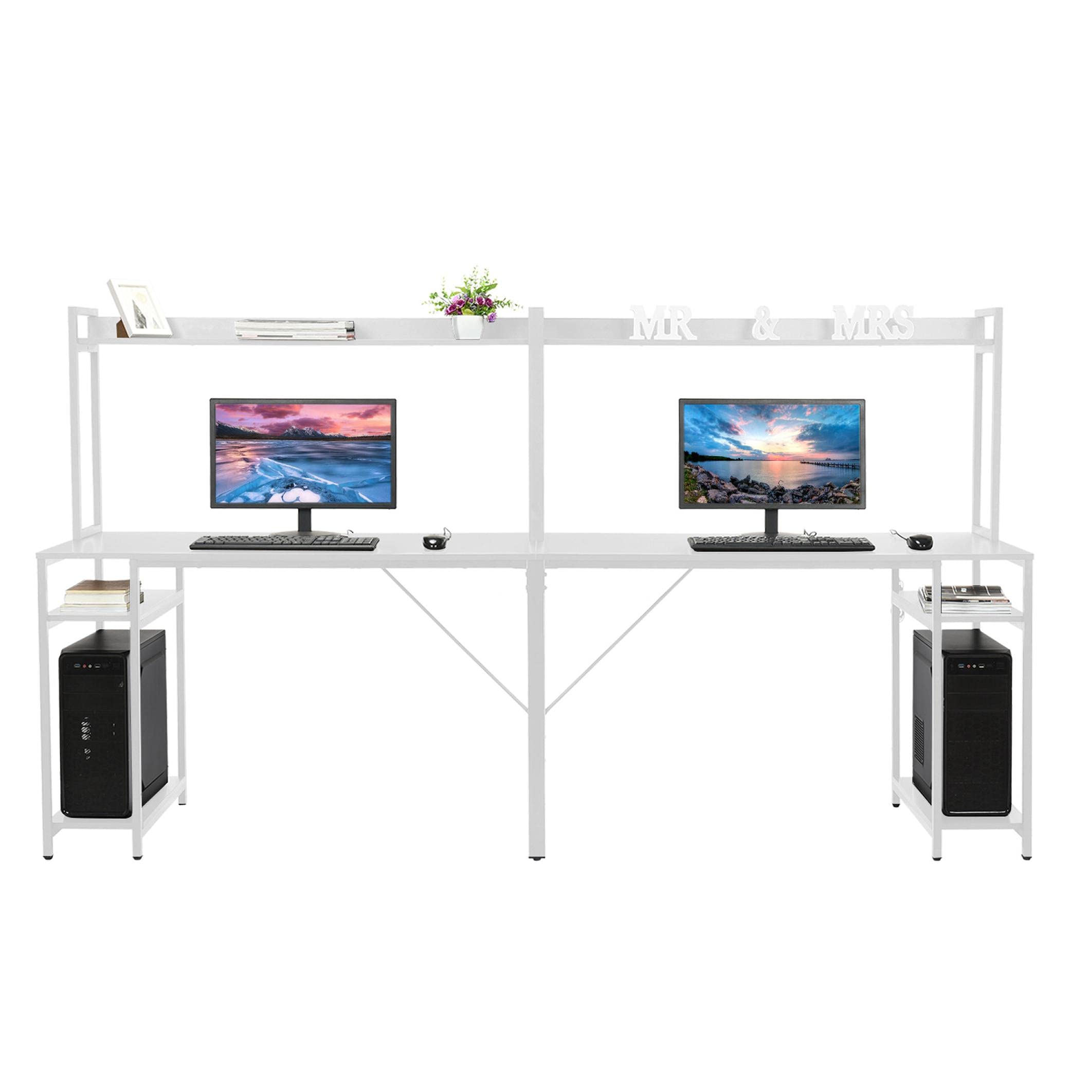 94.5 Inch Double Computer Desk with Hutch - Extra Long Two Person Office Desk with Storage Shelves, Spacious Workstation for Home Office, Study & Writing - Perfect for Shared Workspaces & Remote Work (White)