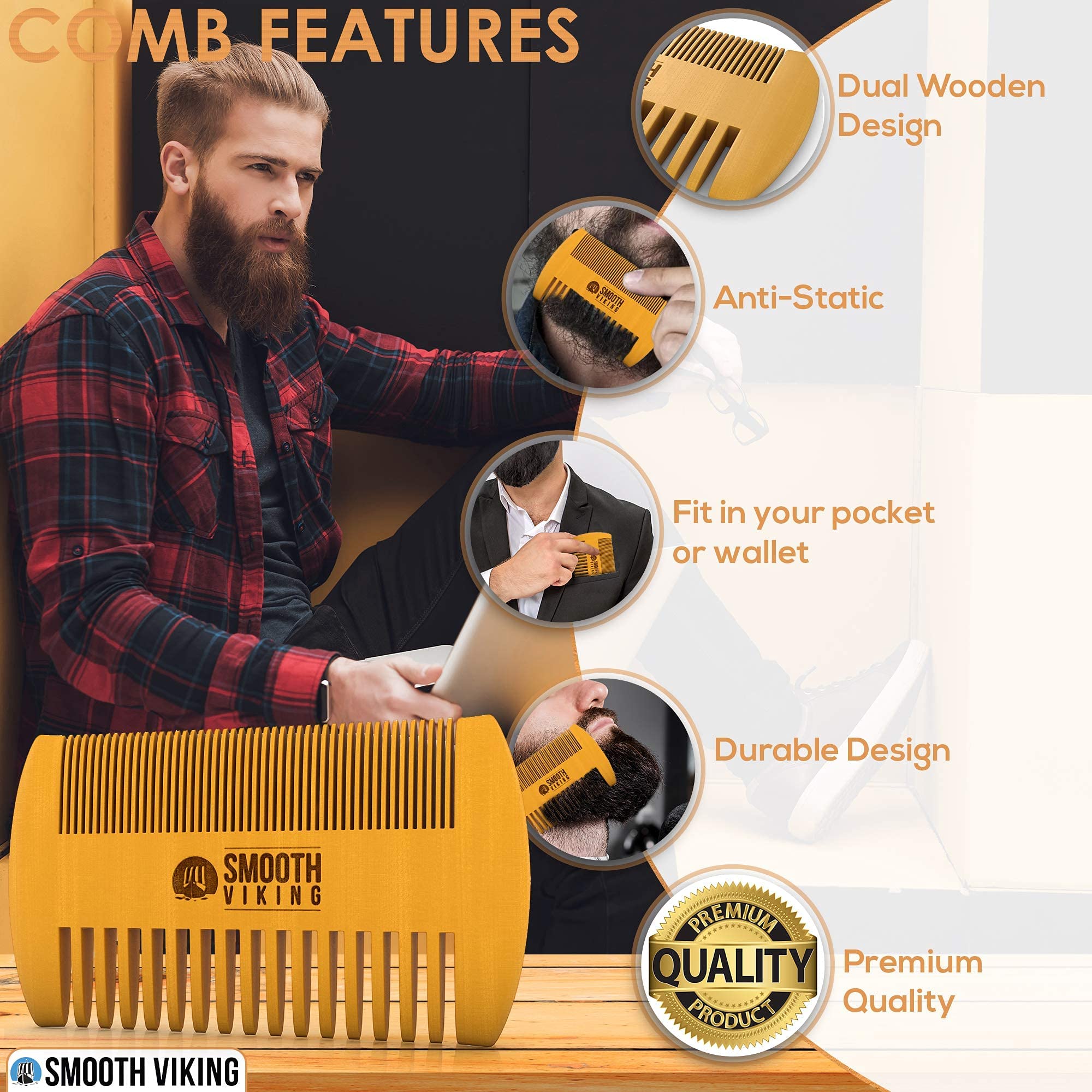 Premium Viking Beard Brush Gift Set for Men - Natural Boar Bristle Beard & Mustache Brush, Facial Hair Styling & Grooming Kit with Beard Shaping Tool - Perfect for Daily Grooming, Travel & Gift Giving (Tan Combo)