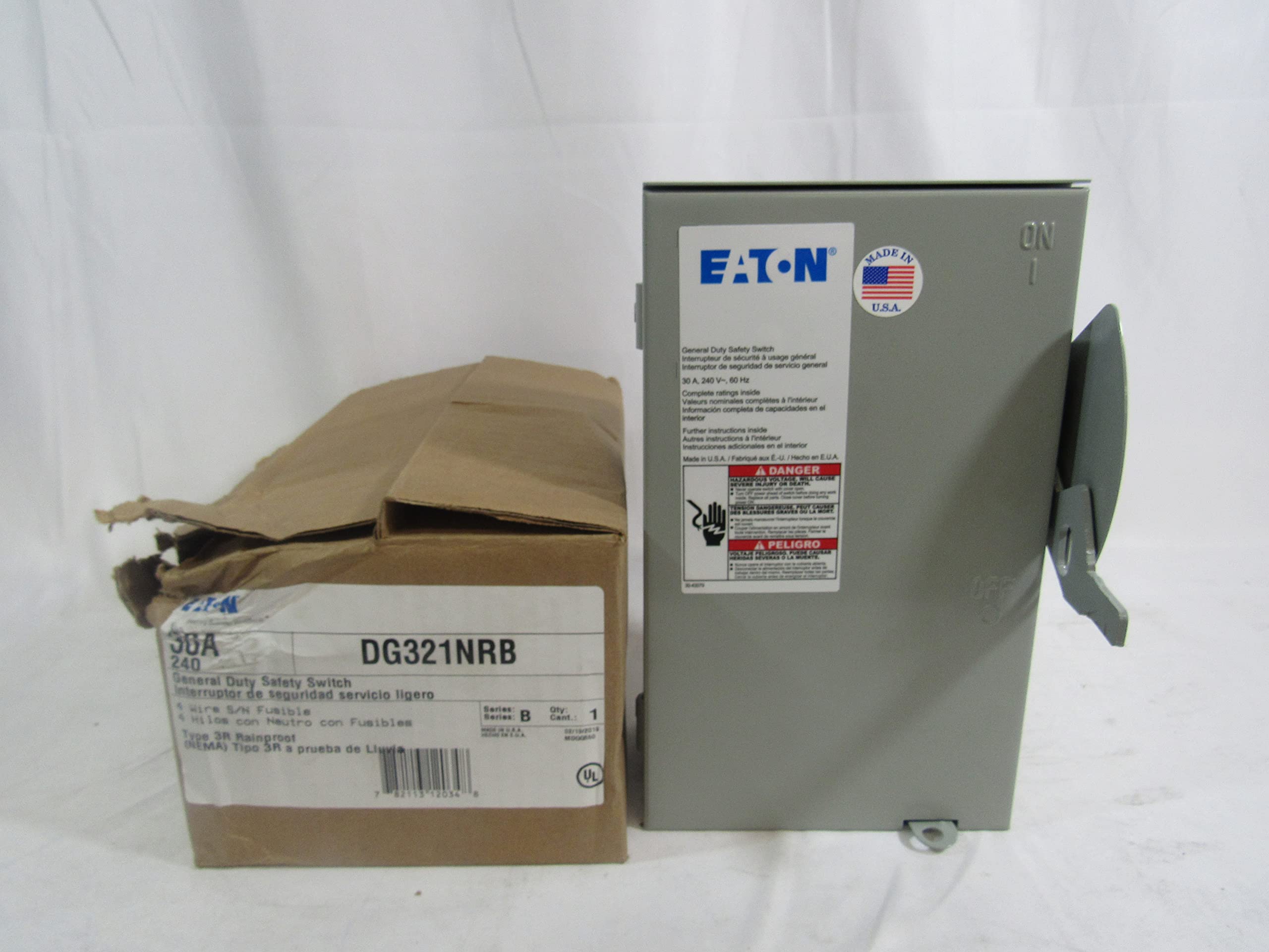 Eaton Cutler-Hammer DG321NRB Fusible Safety Switch - NEMA-3R Rated, 30 Amp, 240 Volt, 4-Wire - Ideal for Industrial Electrical Panels & Commercial Power Distribution Systems