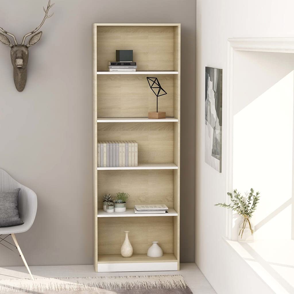 5-Tier Bookcase Storage Shelves - Modern Wooden Standing Bookshelf for Home & Office - Open Shelf Display Organizer for Books, Plants & Decor - White & Brown - Perfect for Living Room, Bedroom or Study Space