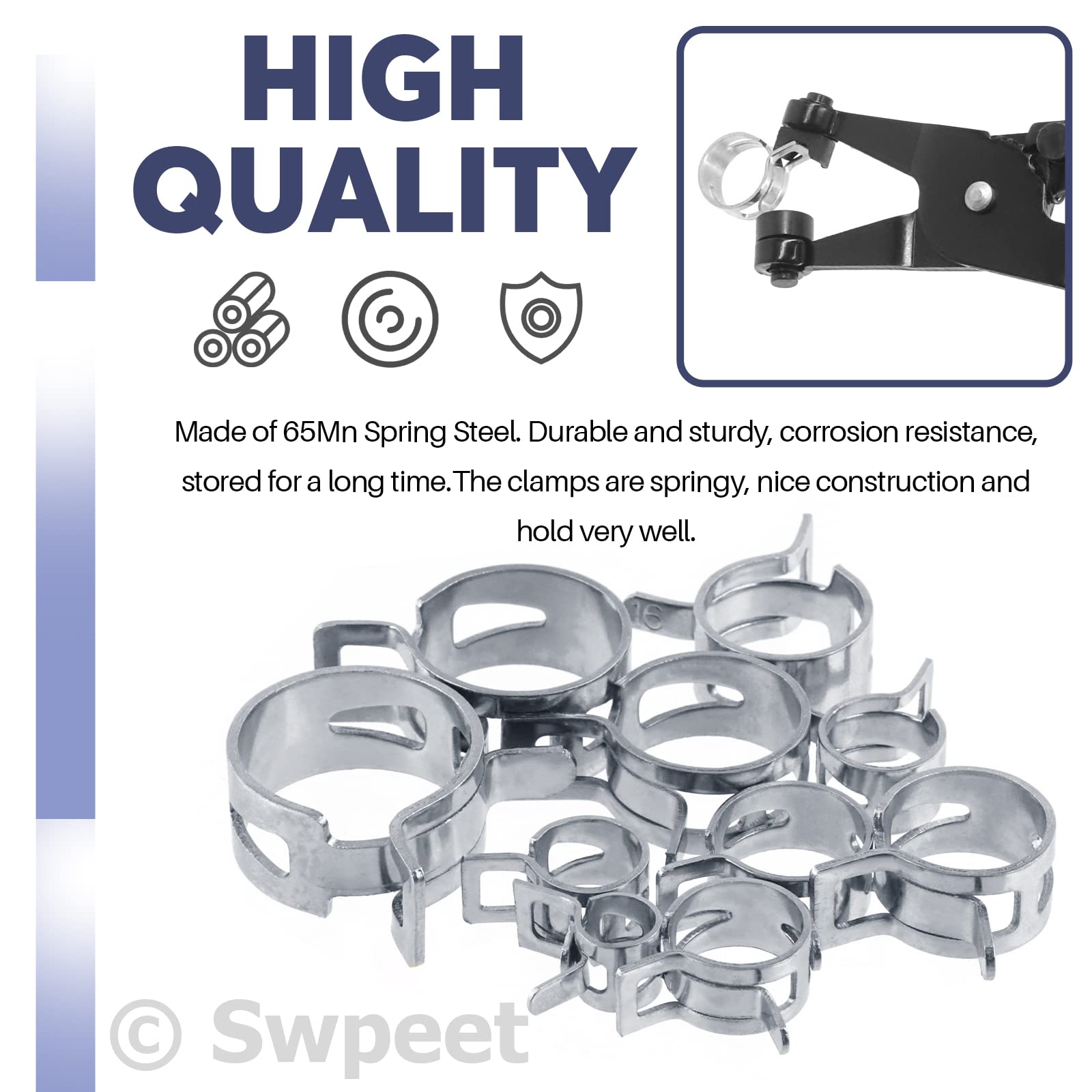 Swpeet 121Pcs Dacromet Spring Hose Clamps Kit (7-22mm) for Fuel & Vacuum Pipes